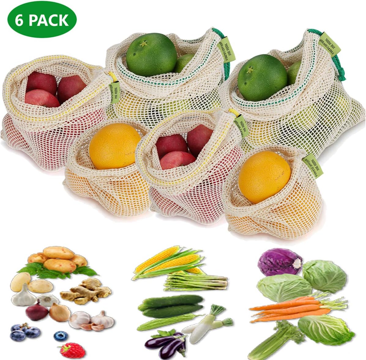 Exptolii Reusable Produce Bags for Grocery Shopping and Storage with Biodegradable Natural Cotton Mesh Material and Tare Weight on Label and Recyclable Packaging, Set of 6