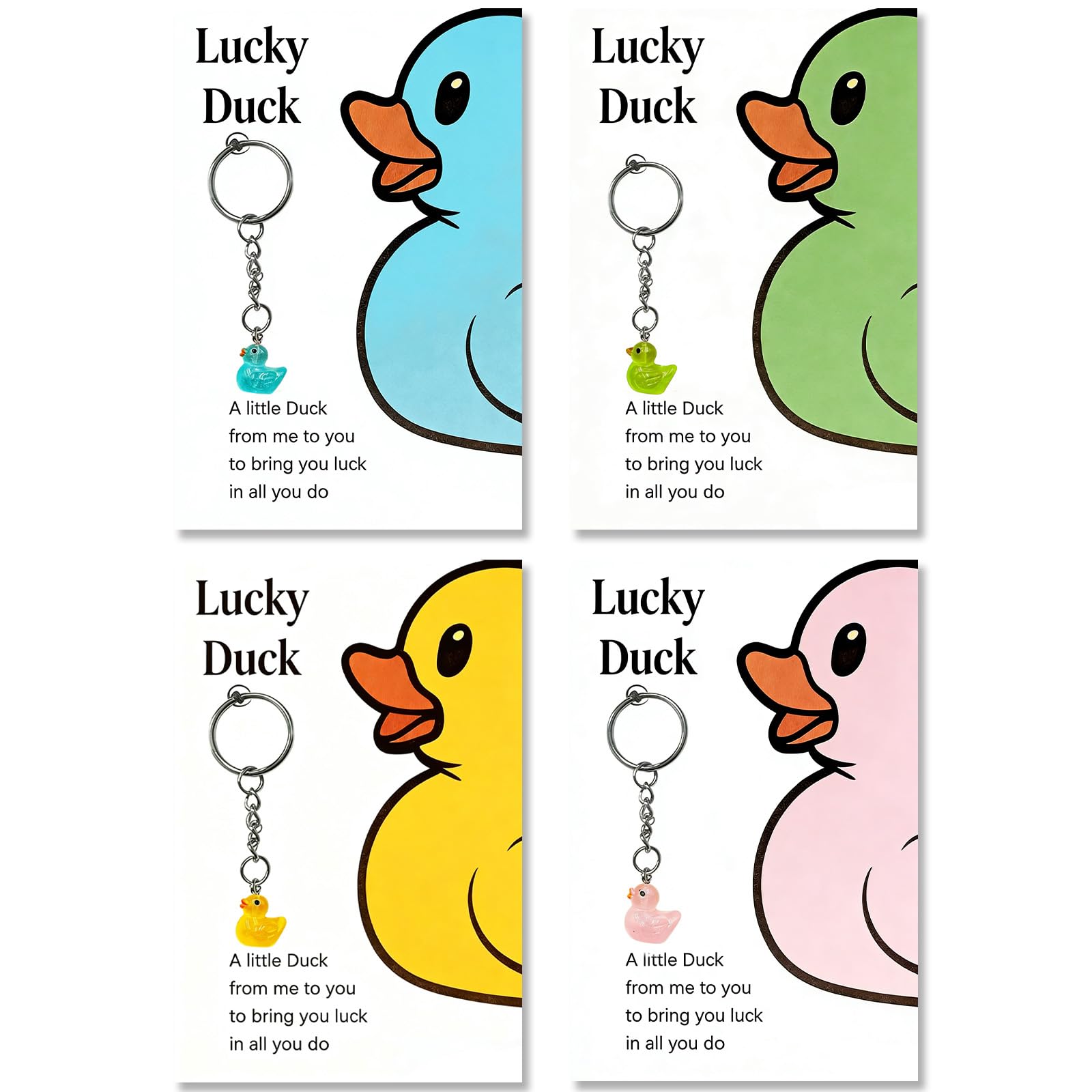 AIKOBAA Good Luck Charm – Set of 4 Colourful Duck Keyrings (Yellow, Pink, Blue, Green) with Inspirational Cards, Cute Lucky Gifts for Friends, Students, Coworkers