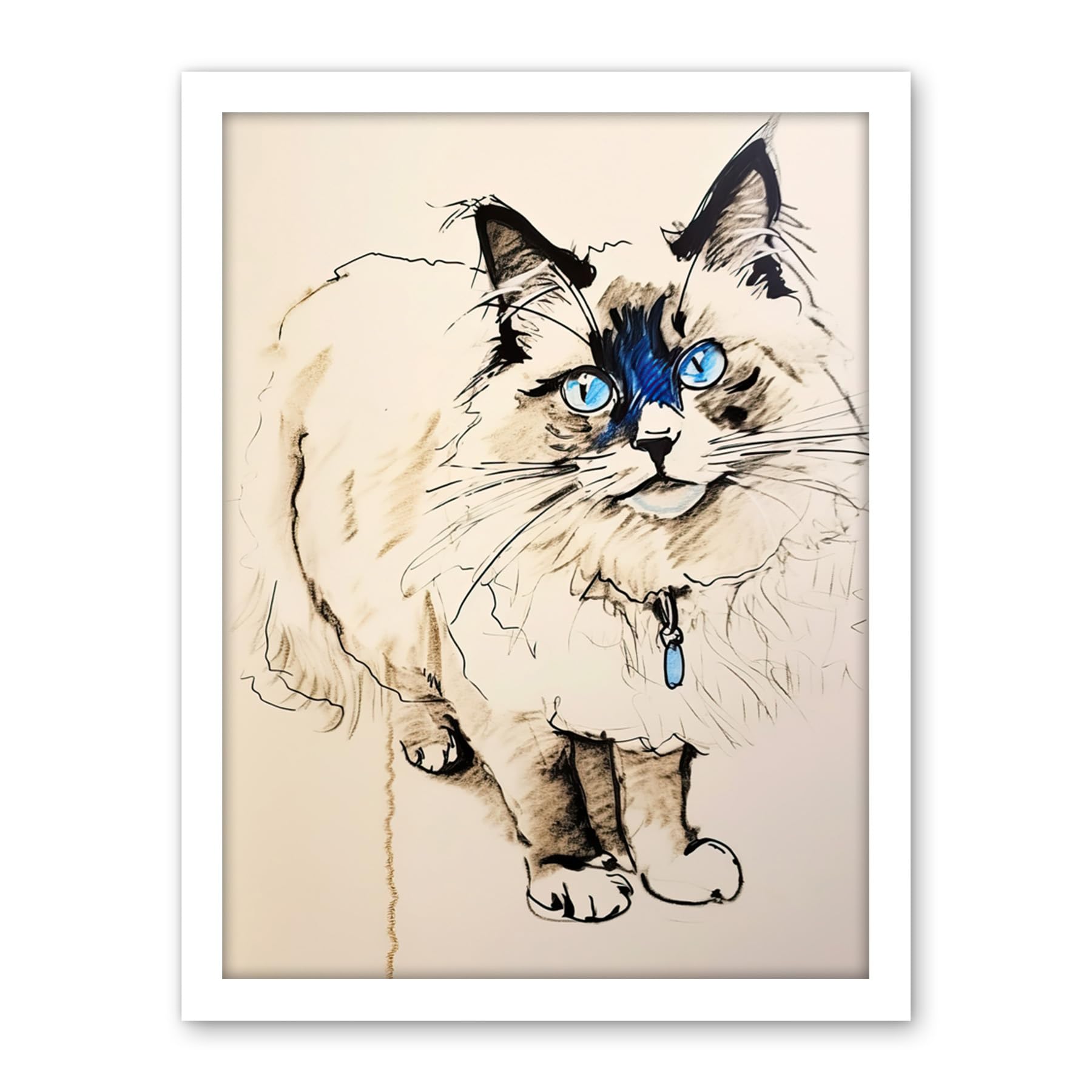 Artery8 Blue Point Ragdoll Cat Sketch Drawing Portrait Artwork Framed Wall Art Print 18X24 Inch