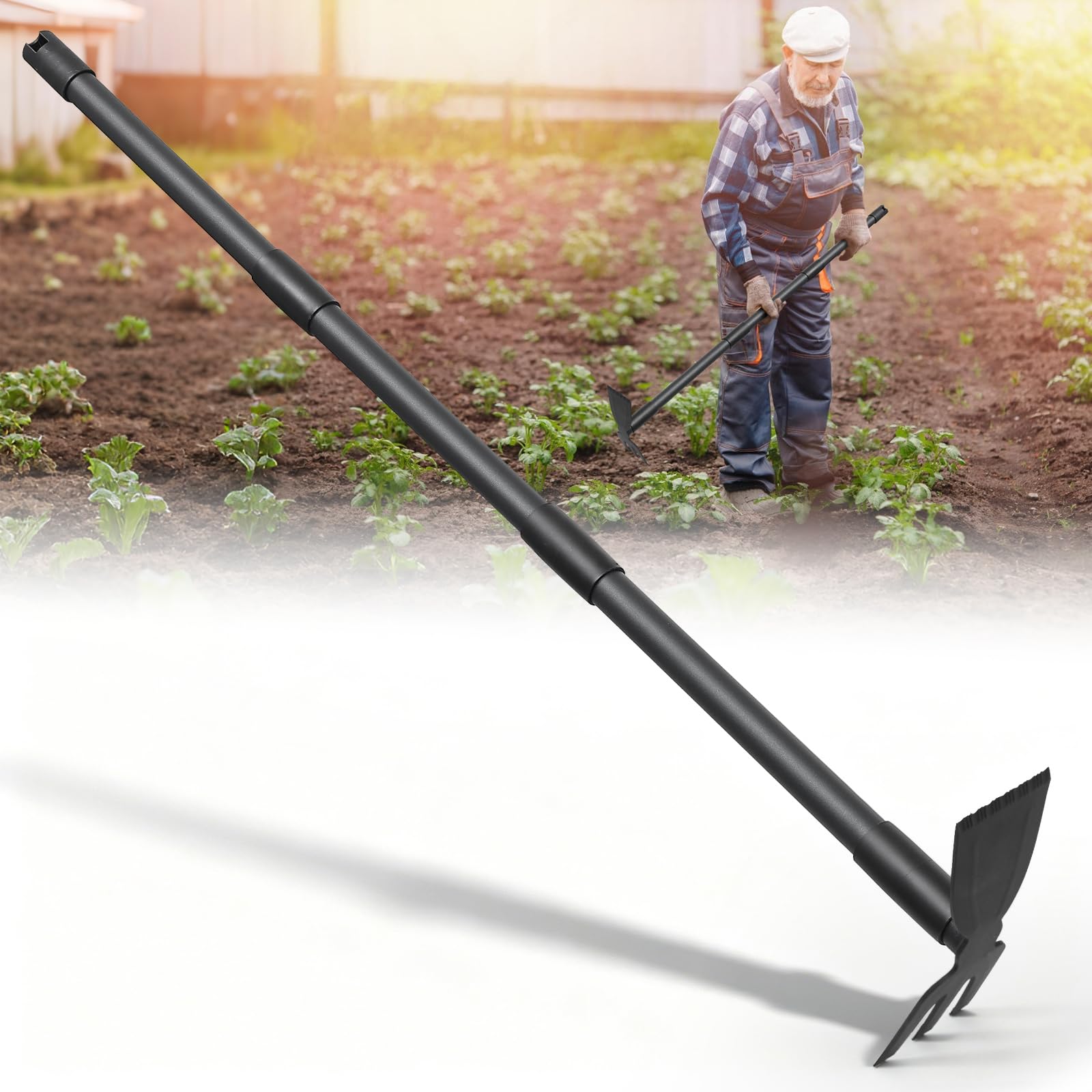 Herramienta para arrancar Malas Hierbas con Mango de 45,5" de Largo, azada y rastrillo 2 en 1 para Jardines pequeños, Herramienta de jardinería Manual con Mango Alto