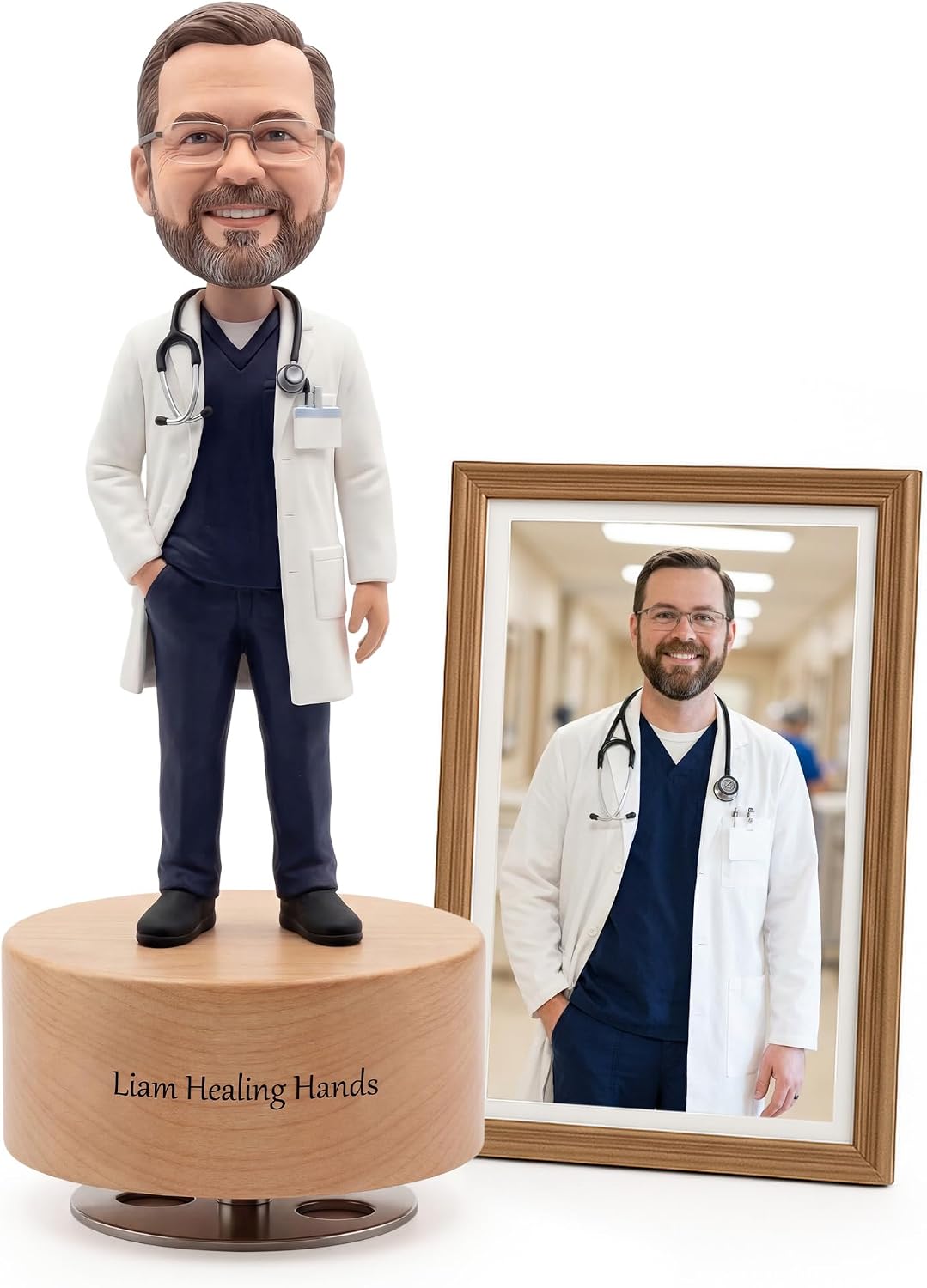 Custom Bobblehead from Photo, Personalized Doctor Customized Figure Dolls with Music Box Base, Handmade Gift for Men, Dad, Husband, Graduation, Birthday or Office Desk Decor