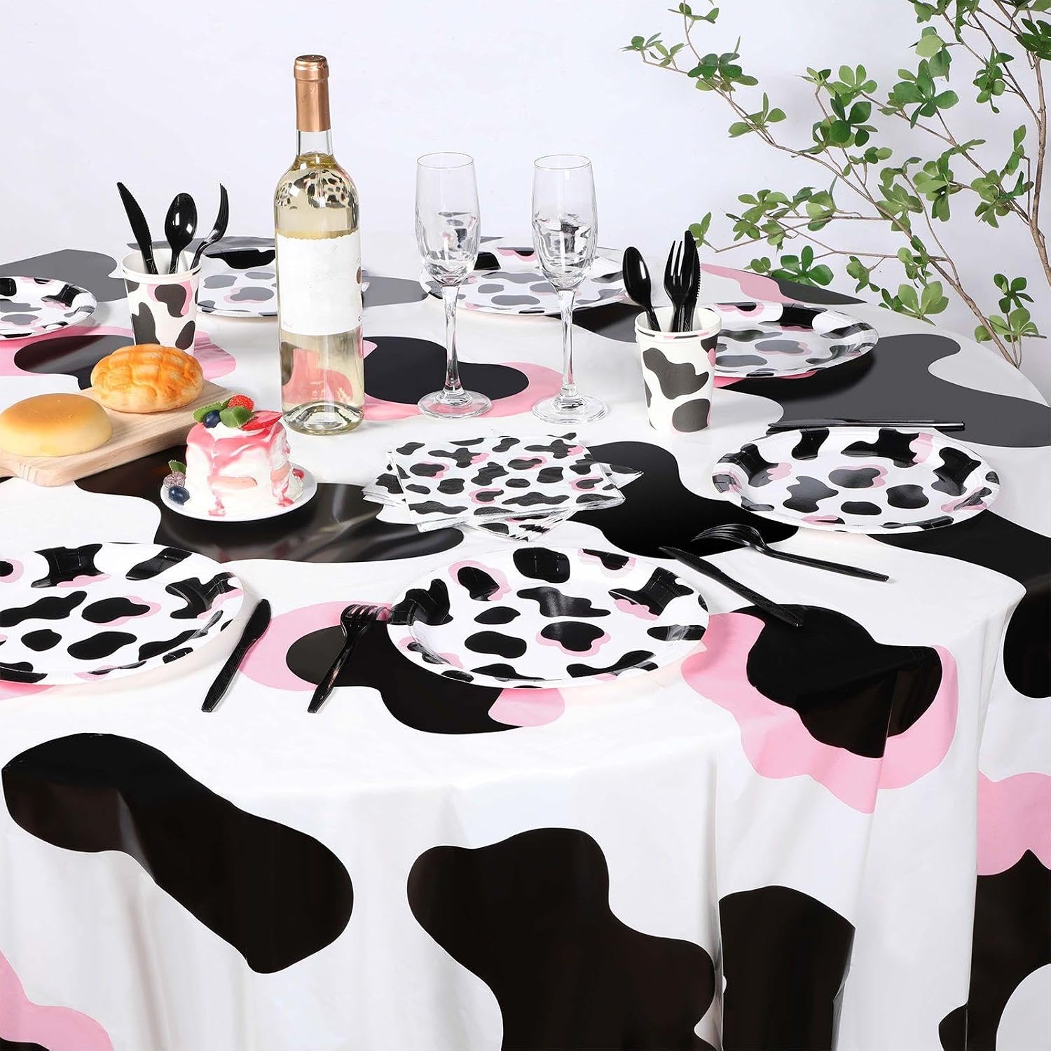 Oudain 9 Pcs Pink Cowgirl Cow Themed Table Cover Plastic Round Cow Themed Tablecloth 84 Inch Farm Animal Tablecloth Disposable Black White for Kids Picnic Birthday Party Supplies