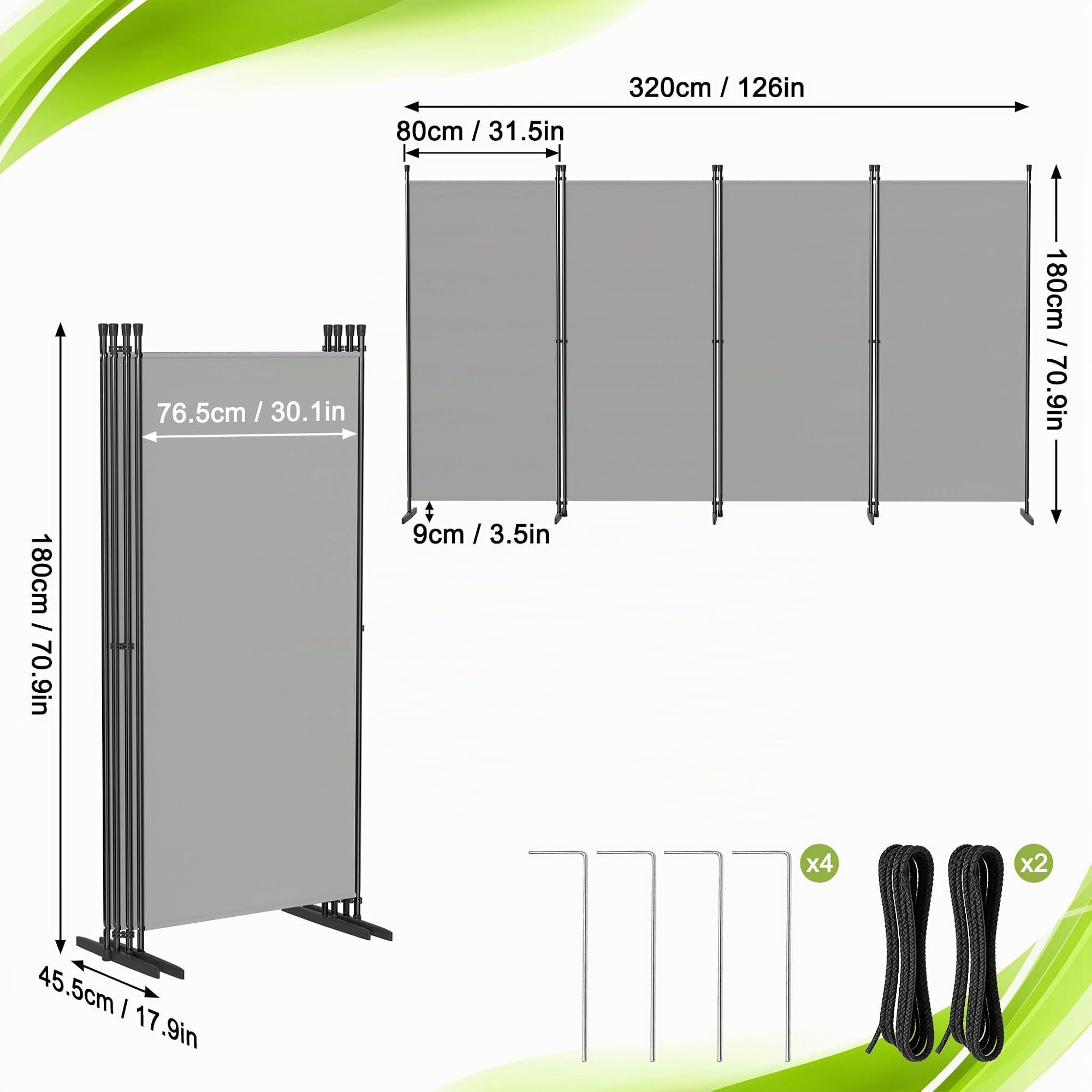 UISEBRT Paravent Outdoor wetterfest mit Heringen und Abspannleinen,Klappbar Freistehend Trennwand ohne Bohren,mobiler sichtschutz für Garten Balkon terrasse,4 Teilig 320 x 180 cm Hellgrau