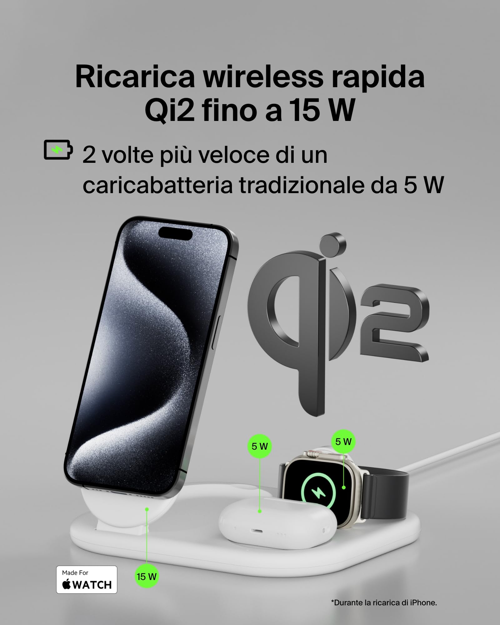 Belkin BoostCharge Caricabatteria magnetico pieghevole 3 in 1 con Qi2 da 15 W, Caricatore rapido compatibile con MagSafe, Apple iPhone 17, Air, Pixelsnap, Apple Watch ed AirPods, alimentatore - Bianco