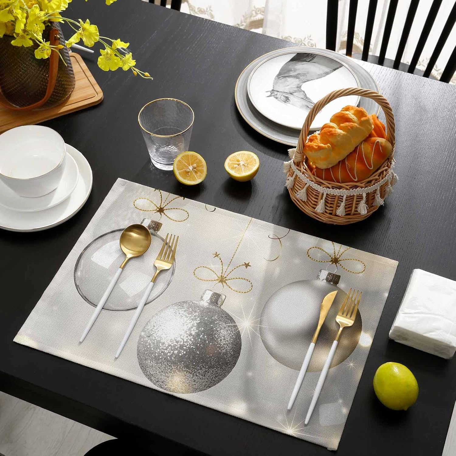 Christmas Balls Placemats for Dining Table Set of 6, Cotton Linen Cloth for Square/Rectangle/Round Table Mat Placemat, Kitchen Dinner Holiday Décor Gradual Silver White Star Snowflake