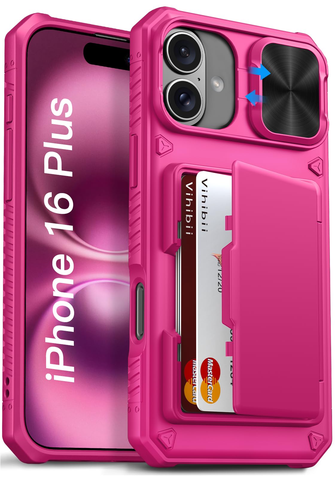 Vihibii for iPhone 16 Plus Case Wallet with Card Holder (4 Cards) [RFID Blocking] & Slide Camera Cover & Raised Edges Protect Screen, Shockproof Rugged Phone Case for iPhone 16 Plus 6.7", Pink