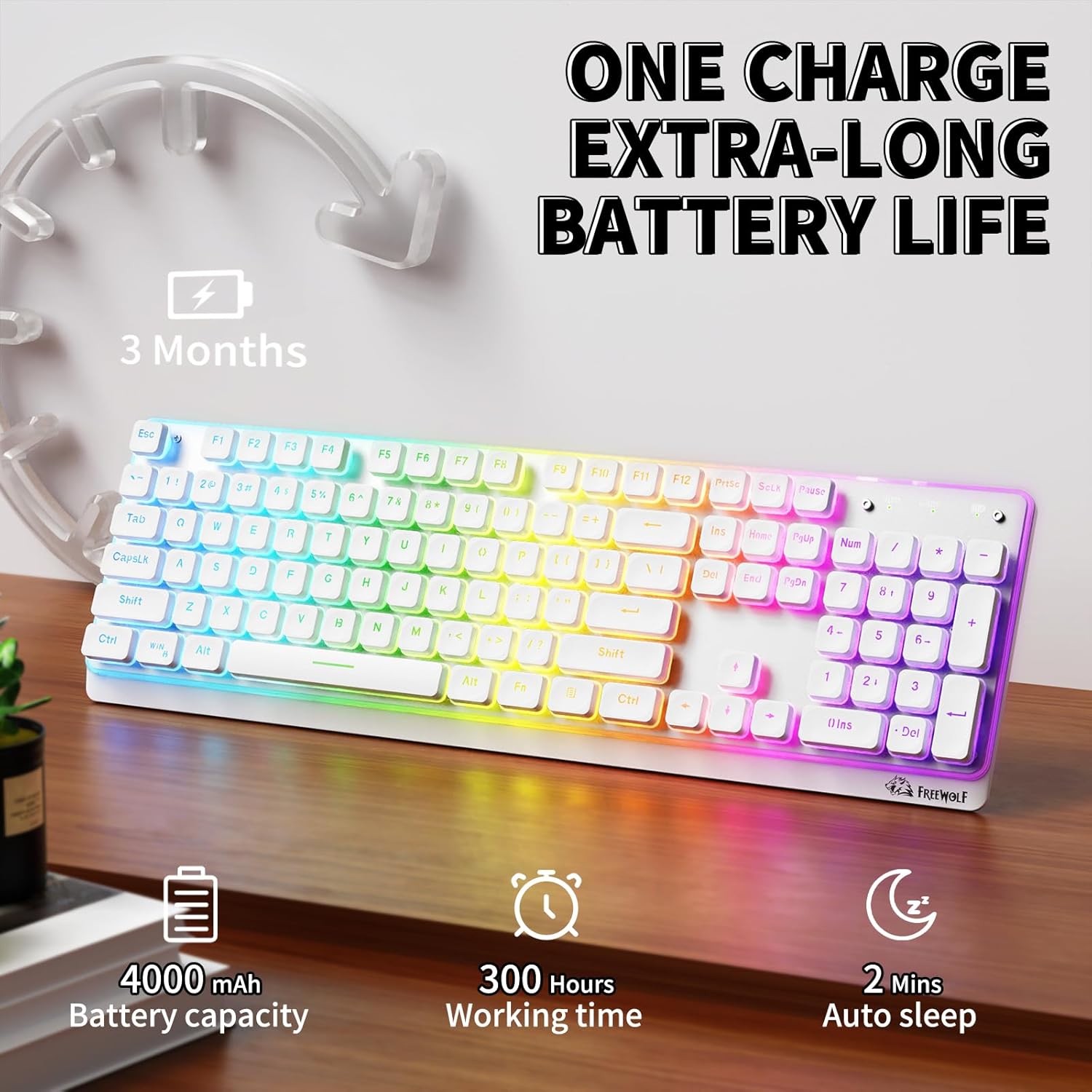 ZIYOU LANG M104 RGB Wireless Keyboard, Low-Profile Silent Membrane Keys, 2.4G Bluetooth USB Wired, Spill-Resistant, Rechargeable Full-Size 104-Key Keyboard for PC Mac, White