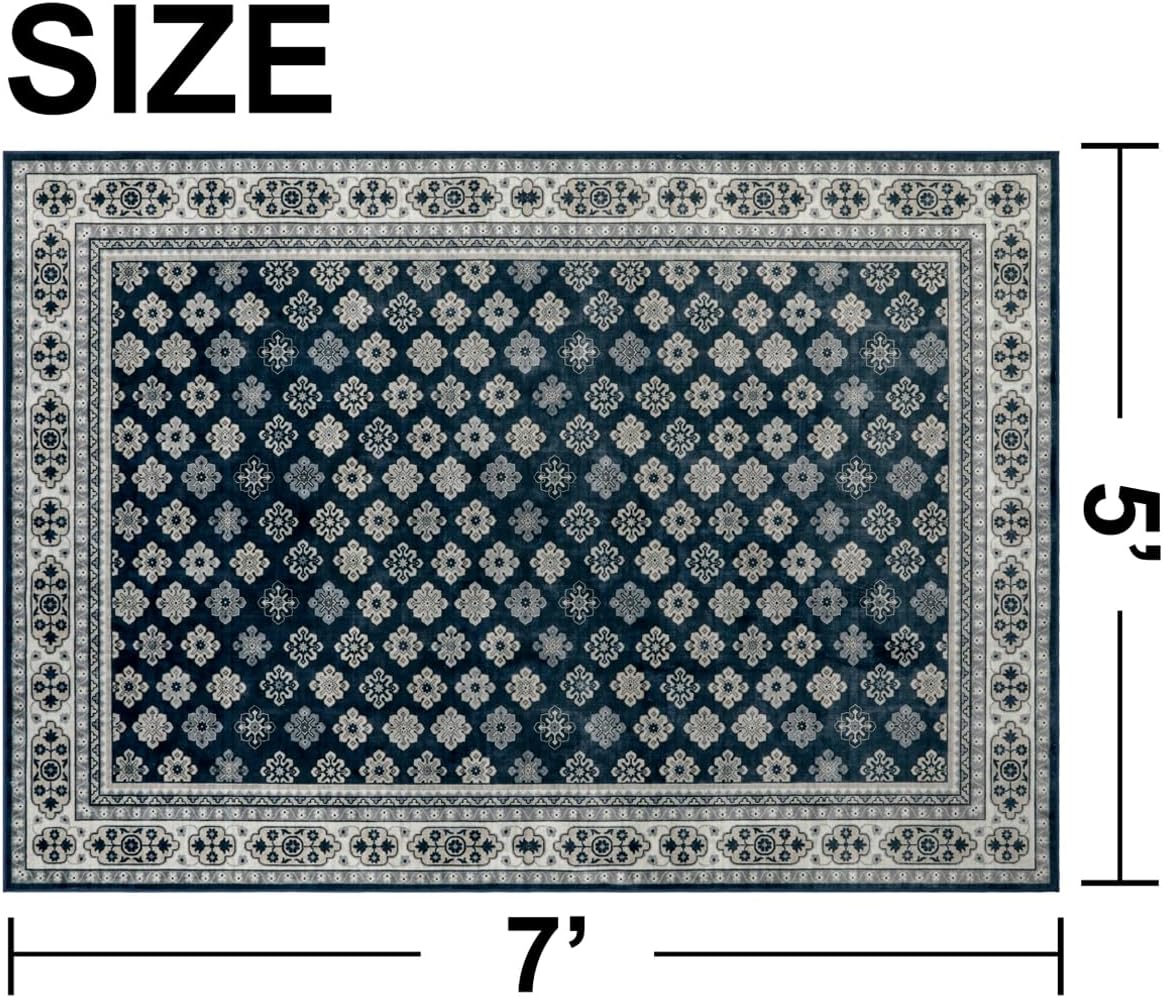 Marina Decoration Decor Luxury Non-Slip Rubber Backing Safety Soft Runner Area Carpet Floor Area Rug Indoor Interior Accent Decorative Mat, Navy Blue Floral Design, 5 x 7 Feet