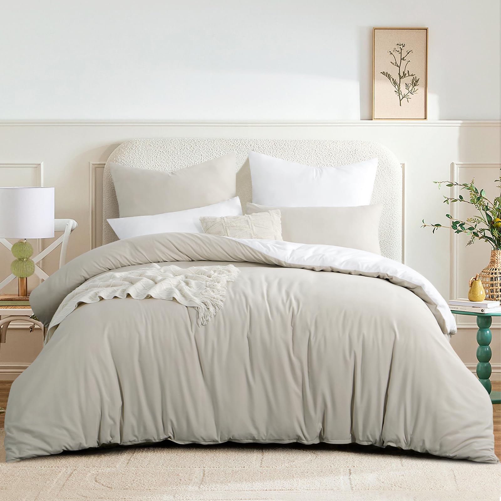 RUIKASI Cream Beige Double Duvet Set White, Reversible Beige Duvet Cover Double Bedding Set including Zip - Image 2