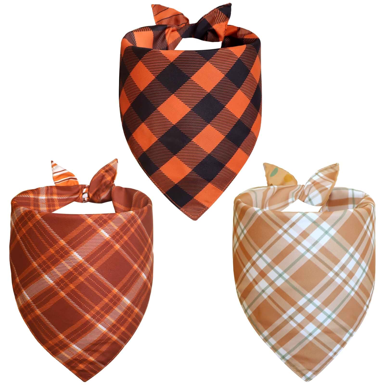 Fall Dog Bandanas XLarge 3PCS, Plaid Stripe Thanksgiving Scarf 6 Pattern Bibs for Boy and Girl, Triangle Reversible Breed for Puppy Pets Cats