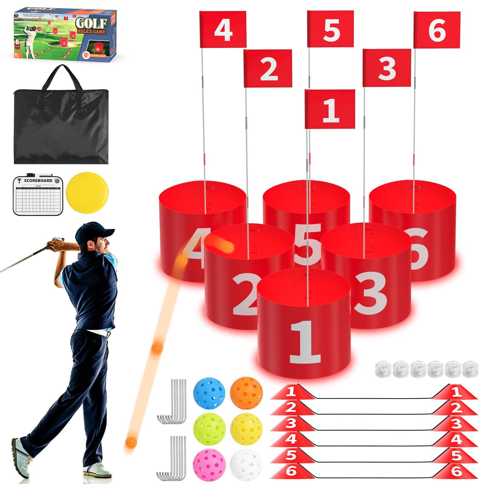 Golf Game Set, FOOING Golf Practice Simulator with 6 Hole with LED Lights Marker Ball Frisbee Scoreboard for Park Beach Backyard Lawn, Outdoor Indoor Portable Golf Chipping Set for Party Birthday Gift