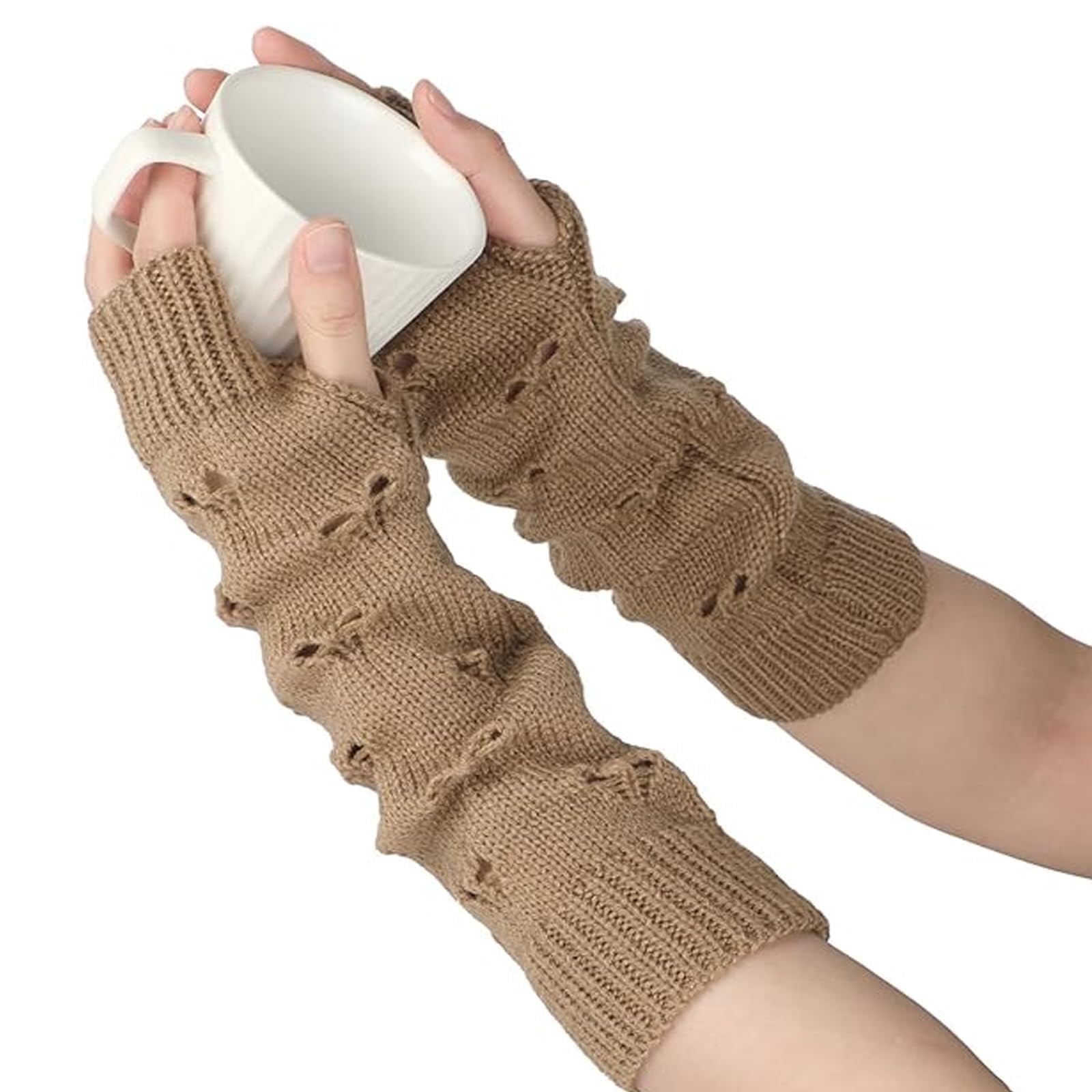 OONOYWOO 1 Pair Grunge Gloves Fairy Grunge Accessories Ripped Glove Knitted Glove Autumn and Winter Warm Arm Covers Thumb Hole Gloves Khak