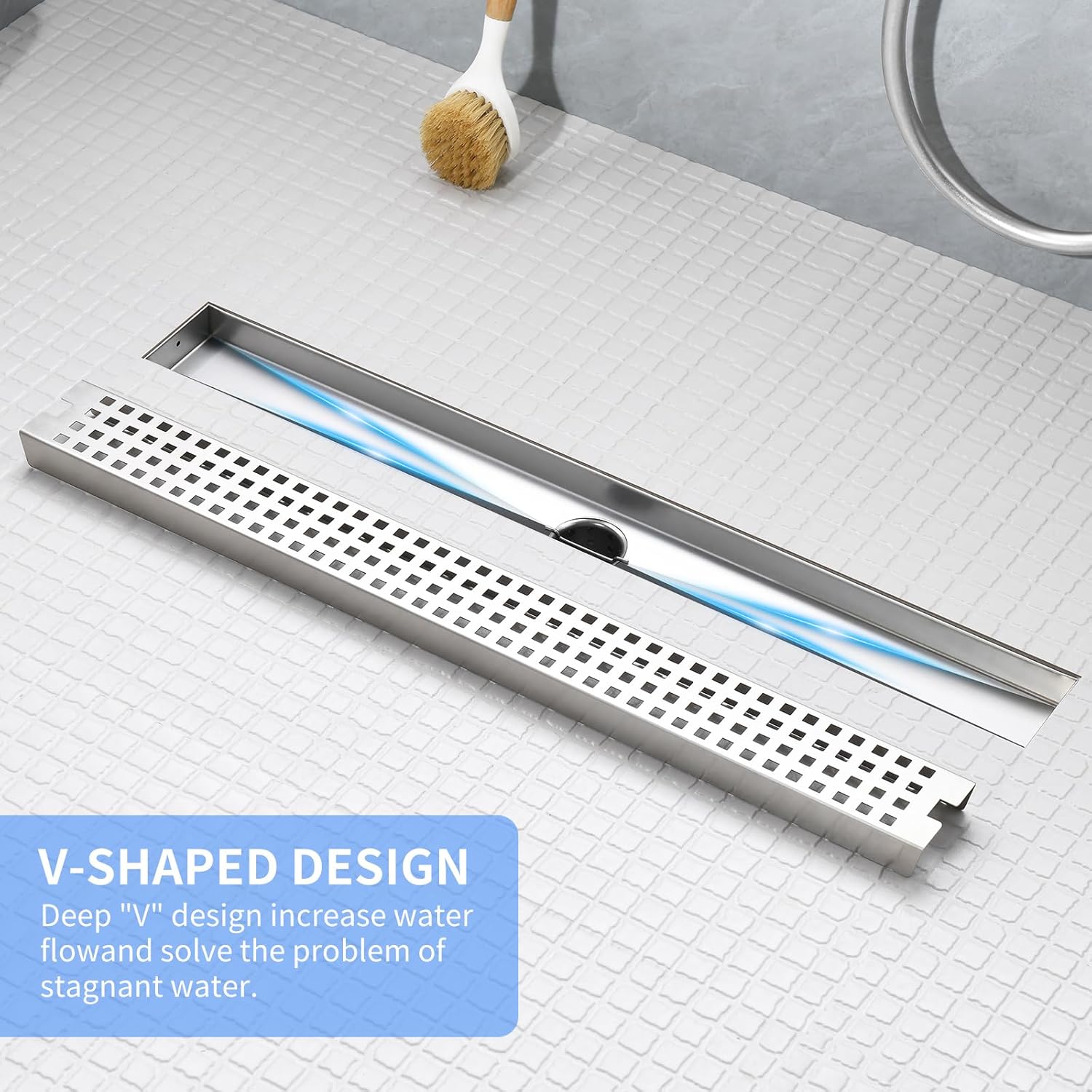 48 Inch Linear Shower Drain - Brushed Nickel 304 Stainless Steel Rectangular Floor Drain with Adjustable Leveling Feet, Hair Strainer and Removable Grate