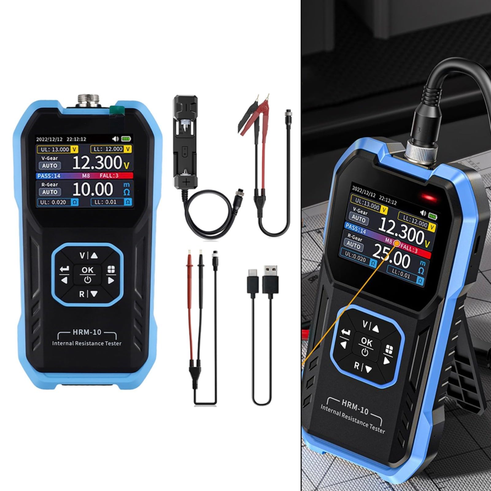 HRM-10 Misuratore di resistenza interna per batterie al litio, tester di tensione 0-100 V con misurazione Kelvin a 4 fili, display a colori TFT, funzione di smistamento, ricarica USB-C, 1000