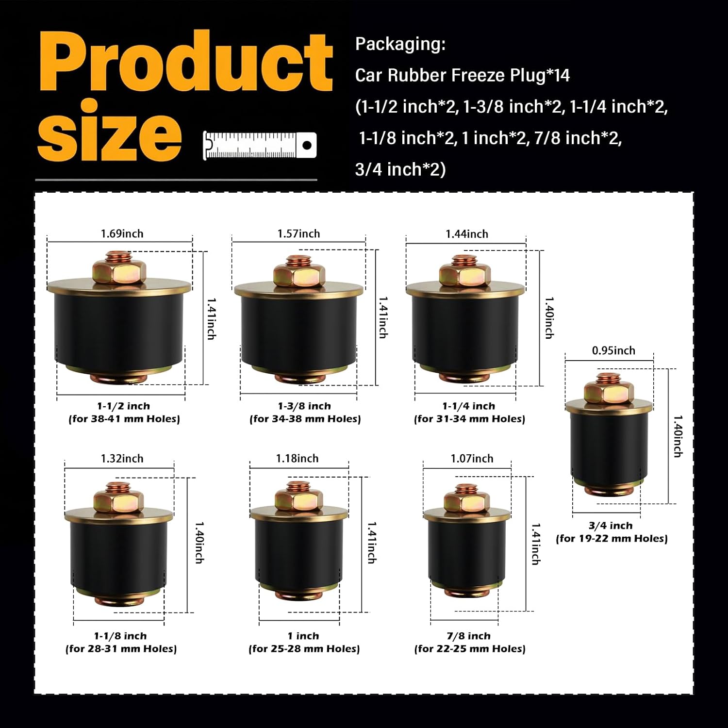 14PCS Car Freeze Plugs Kit in 7 Sizes,Rubber Cars Expansion Plug Kit Contain 3/4" to 1-1/2" Sizes for 19mm to 41mm Holes,Professional Automotive Freeze Plug Car Accessories