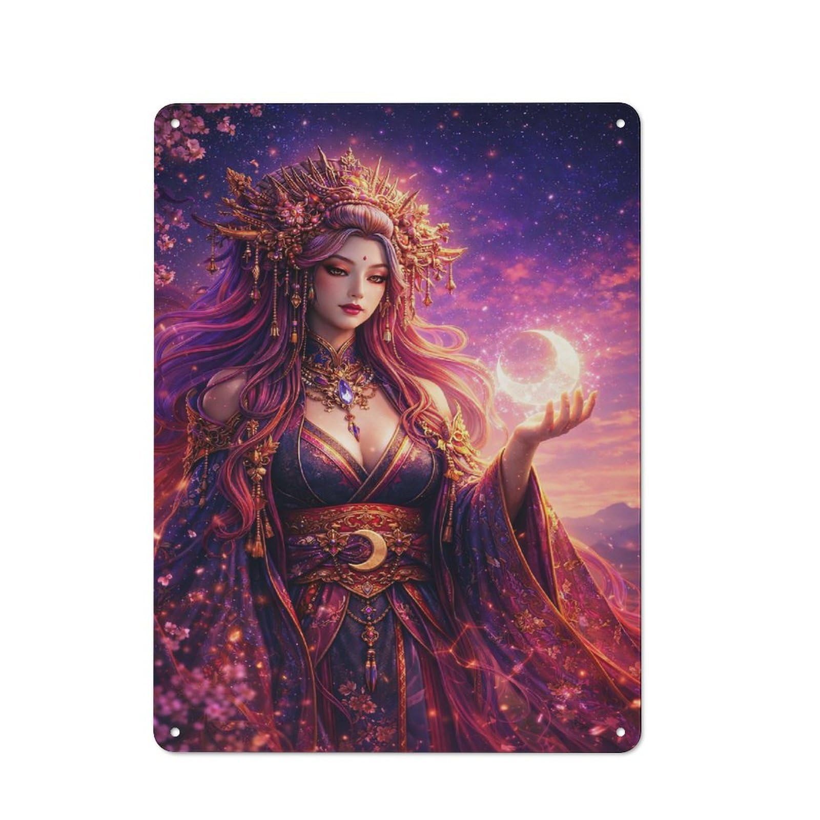 Shed Style Decorative Metal Plaque 40x30cm Featuring Celestial Woman in Sakura Twilight, Porch Wall Decor for Patio Bar, Workshop, Shed Or Kitchen