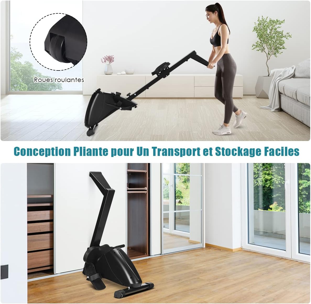 GYMAX Magnetic Rowing Machine in folded and unfolded positions, highlighting portability.