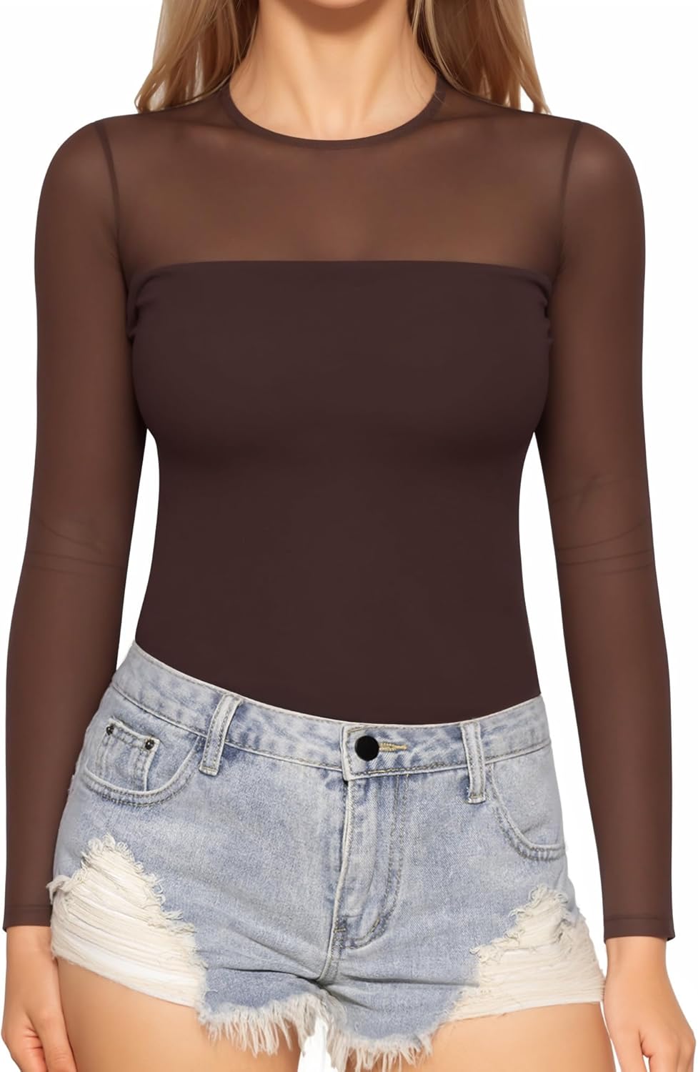 MANGOPOP Sheer Long Sleeve Shirts for Women Crew Neck Fitted Mesh Tops Trendy Going Out Fall Fashion Tee Tops 2026