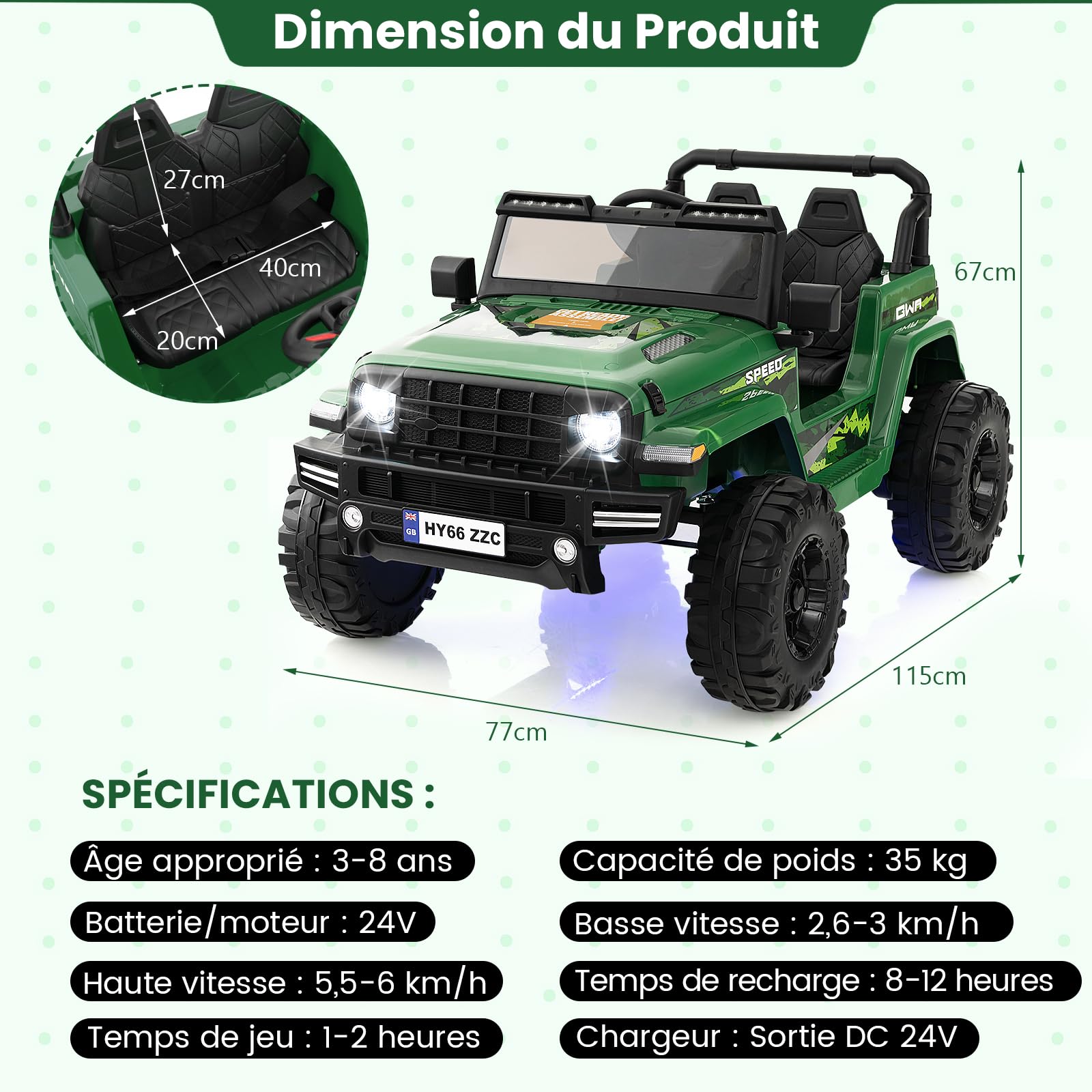 COSTWAY 24V Voiture Electrique 2 Places Enfants avec Télécommande 2,4G, Véhicule Electrique avec Musique & Lumières LED, Démarrage Lent & 2 Vitesses, Charge 35kg pour Enfants de 3-8 Ans+ (Vert)