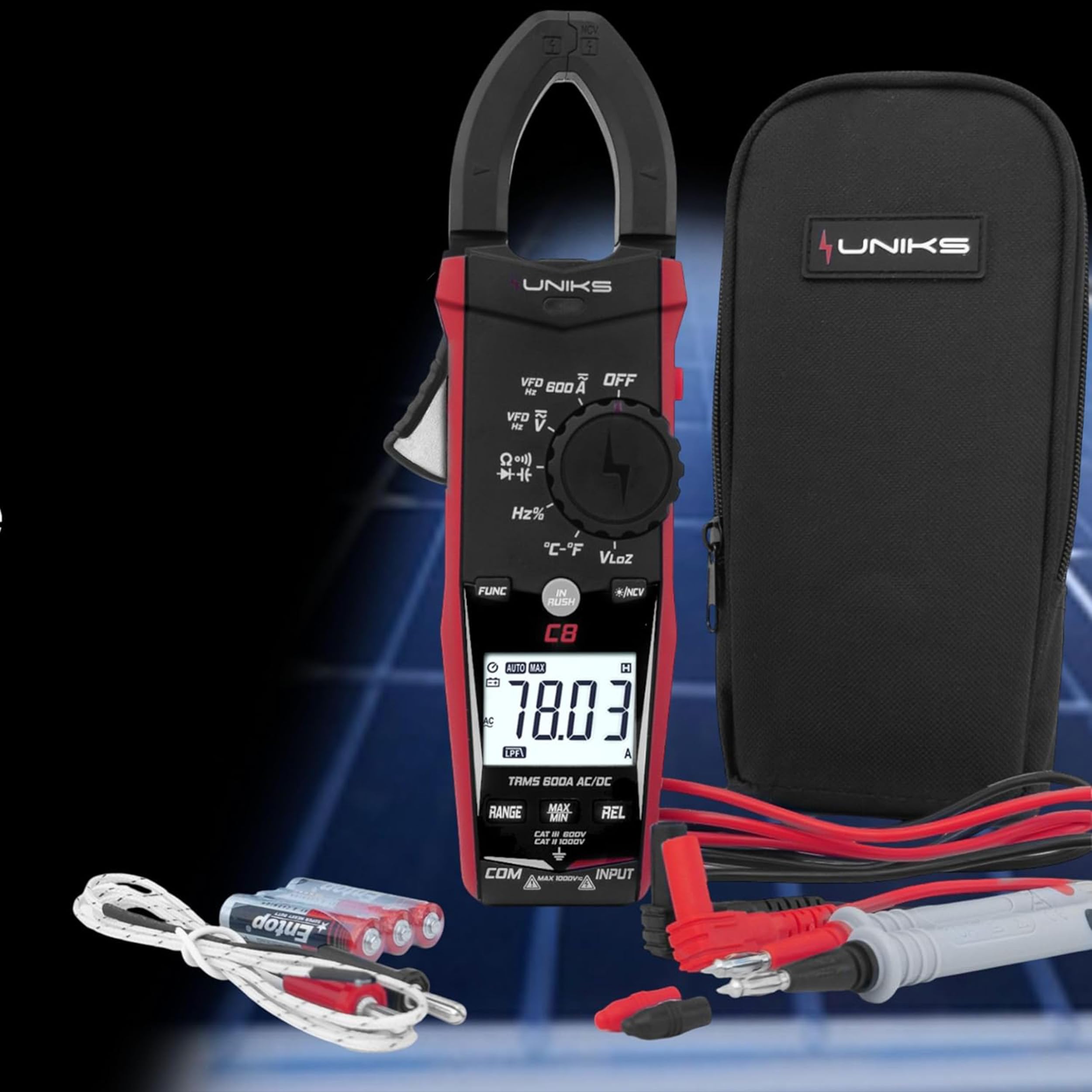 UNIKS - Pinza Amperometrica TRMS Digitale C8 - Tester Digitale Professionale 600A - Misuratore Corrente AC-DC Display LCD e Luce LED - Amperometro Ideale per Fotovoltaico