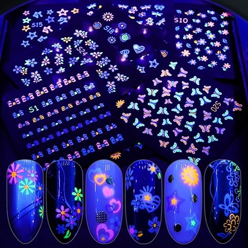 EBANKU 24Sheets Fluorescence Nail Art Stickers Decals 3D Self-Adhesive Butterfly