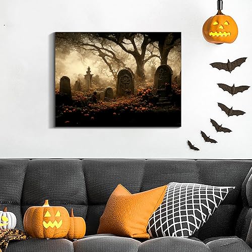 Miniatura 148 de Denozer Lienzo decorativo para pared de Halloween, castillo de terror de 32 x 24 pulgadas, decoración de pared de luna, decoración de otoño de Obra