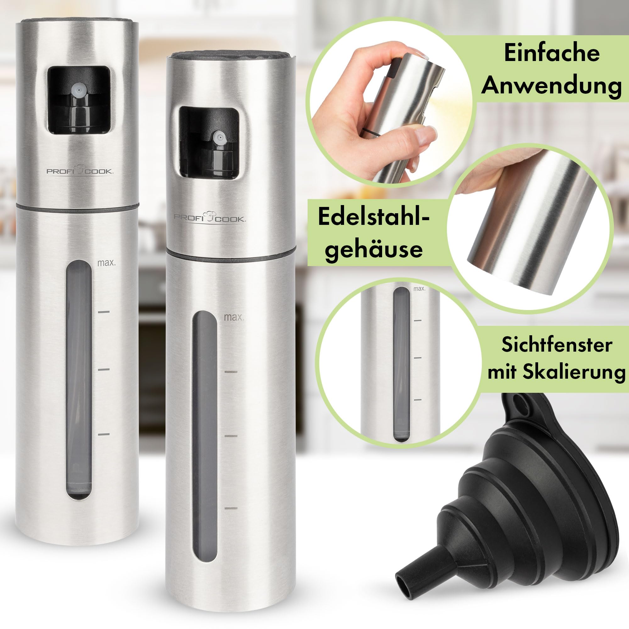 Profi Cook Ölsprüher,2er Set,100ml Ölspray,Sprühflasche für Öl, Essig, Wasser uvm,Öl Sprühflasche,für_Kochen Küche Fitness & Diät,mit Skalierung,für Speiseöl, PC-EOS 1270,175 x 40 mm (Packung mit 10)