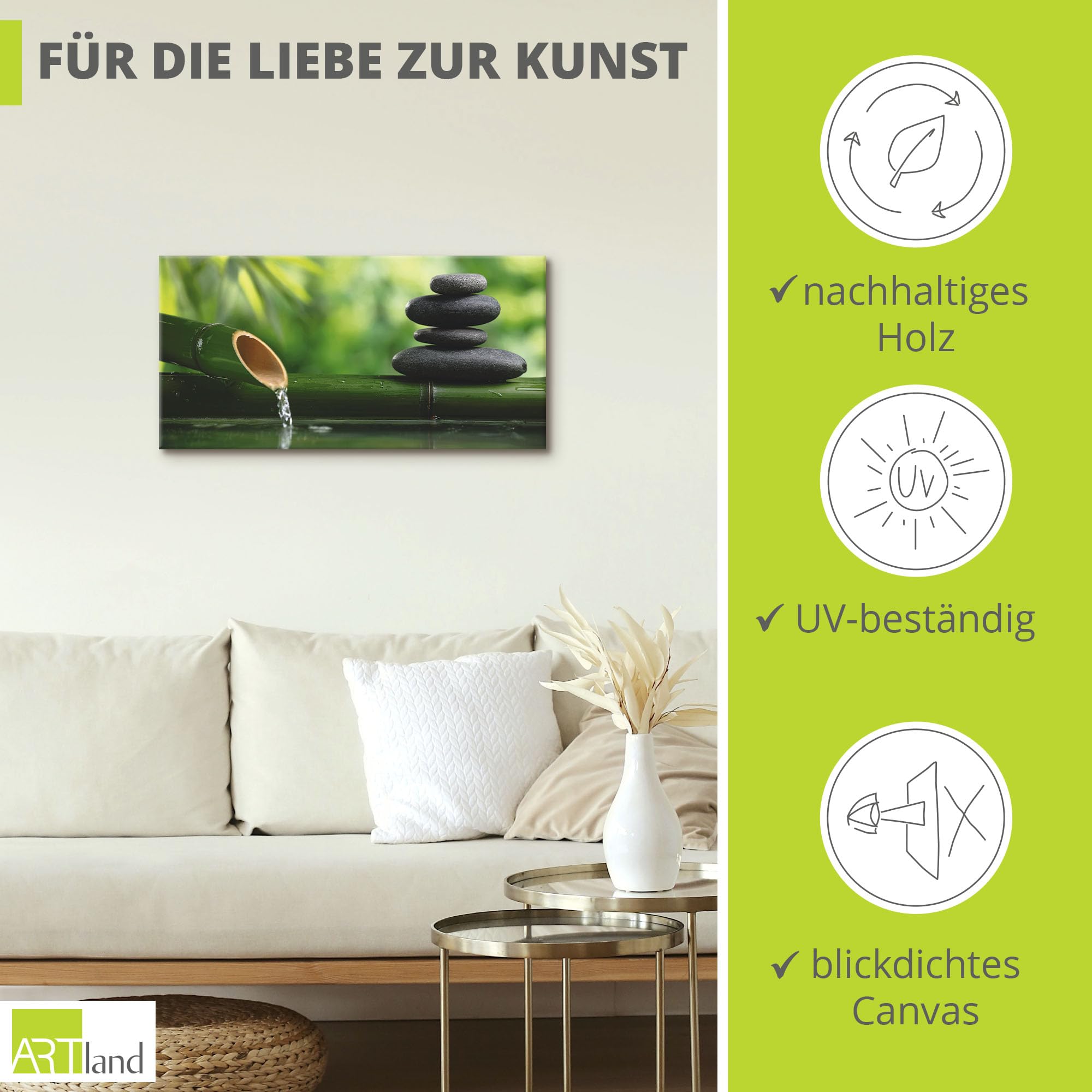 ARTLAND Wanddeko Leinwand Bilder Wandbild 100x50 cm Wellness Zen Stein Fotografie Grün Bambusbrunnen und Zen-Stein S5YF