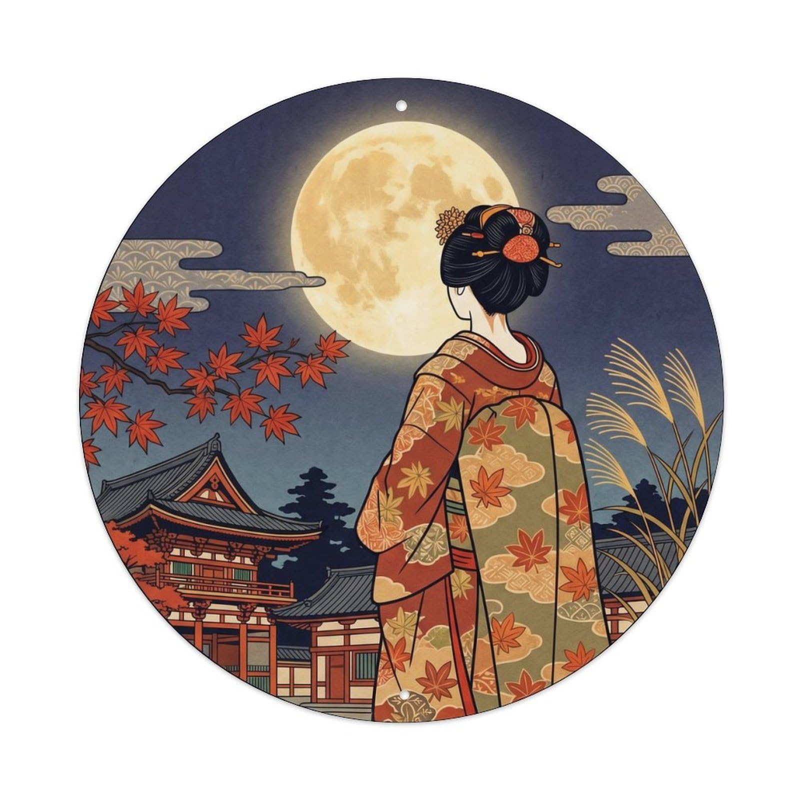 Galvaxio Style Japanese Kimono Woman Moon Viewing Autumn Evening Metal Tin Sign