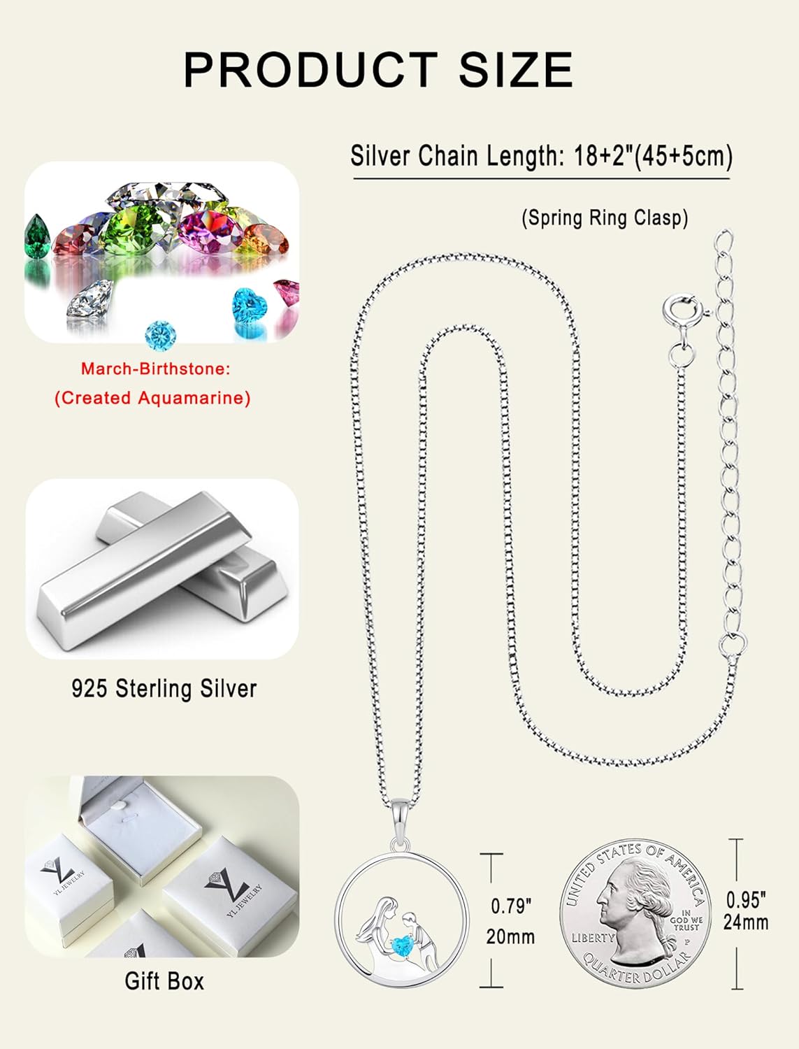 YL Women's Mother Necklace 925 Sterling Silver Round Mum Pendant Birthstone Jewelry for Mom