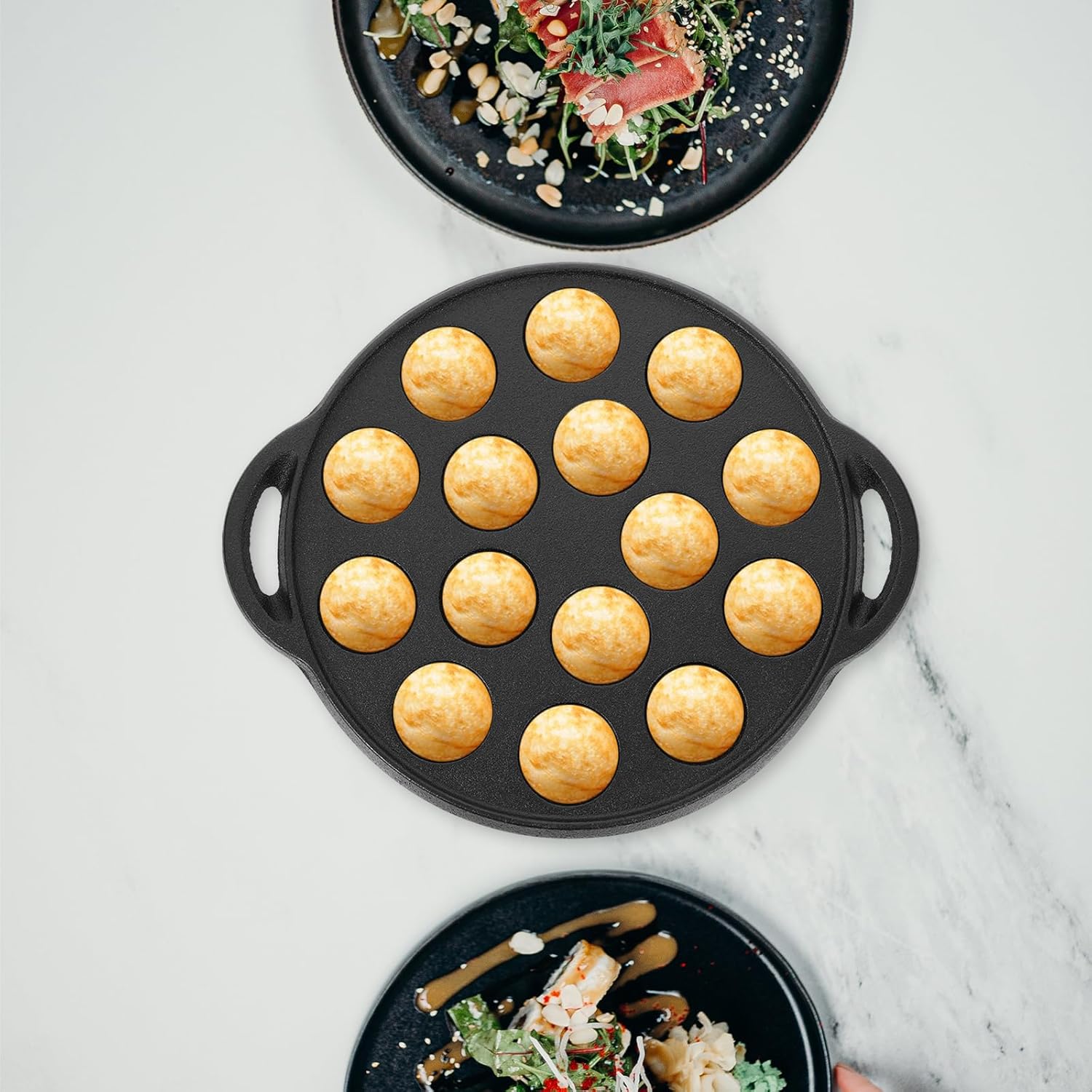Cabilock Small 15-Hole Cast Iron Pancake Pan, Round Non-Stick Takoyaki Maker, Black Finish Plate Mold for Poffertje Corn Muffin Biscuit Snail