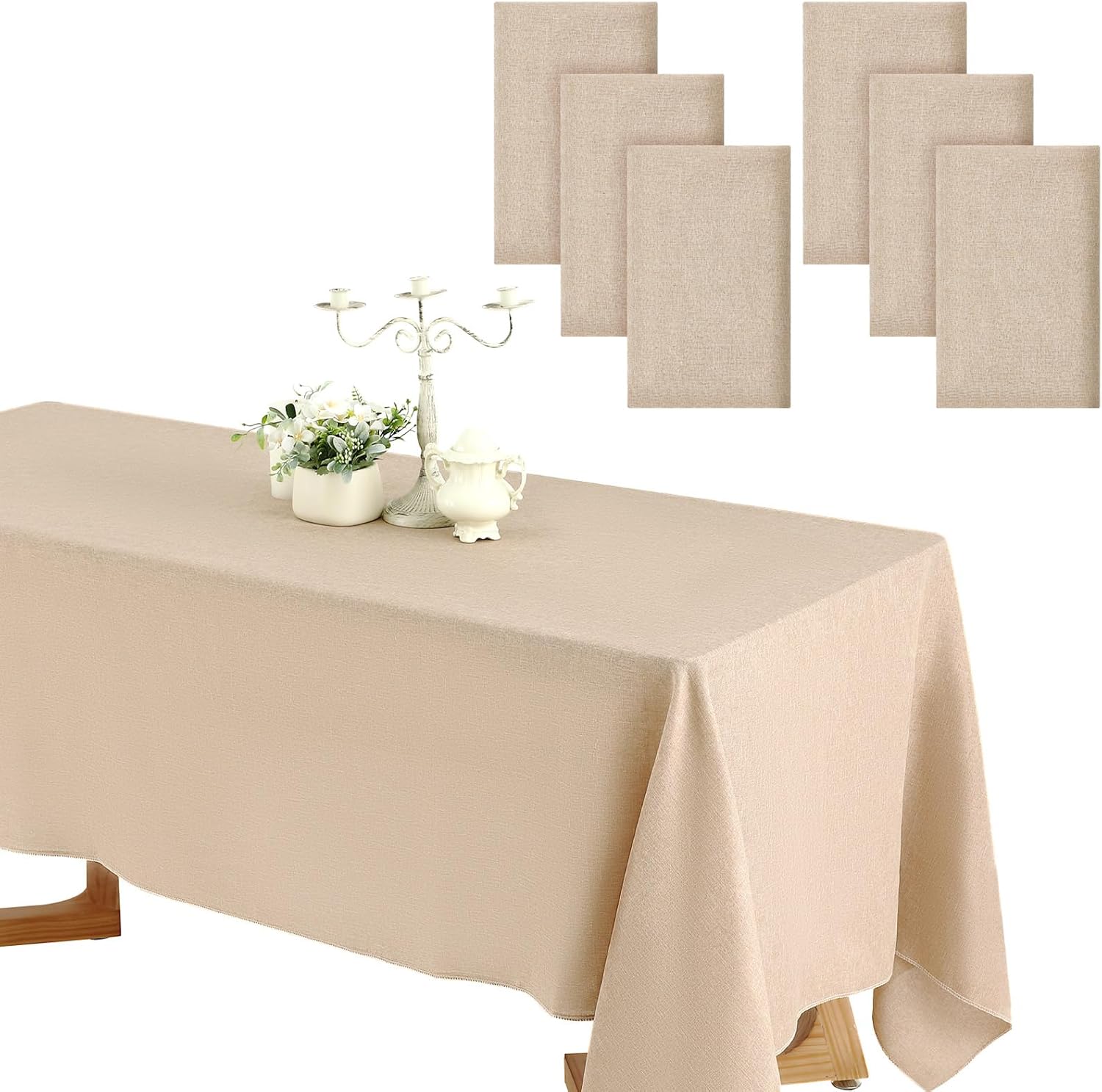 Preboun 6 Pack Wedding Rectangle Linen Tablecloth Bulk 60 x 102 Inch Polyester Faux Linen Tablecloths Washable Burlap Tablecloth for Birthday Farmhouse Dining Table Party (Natural Color,60*102 Inch)