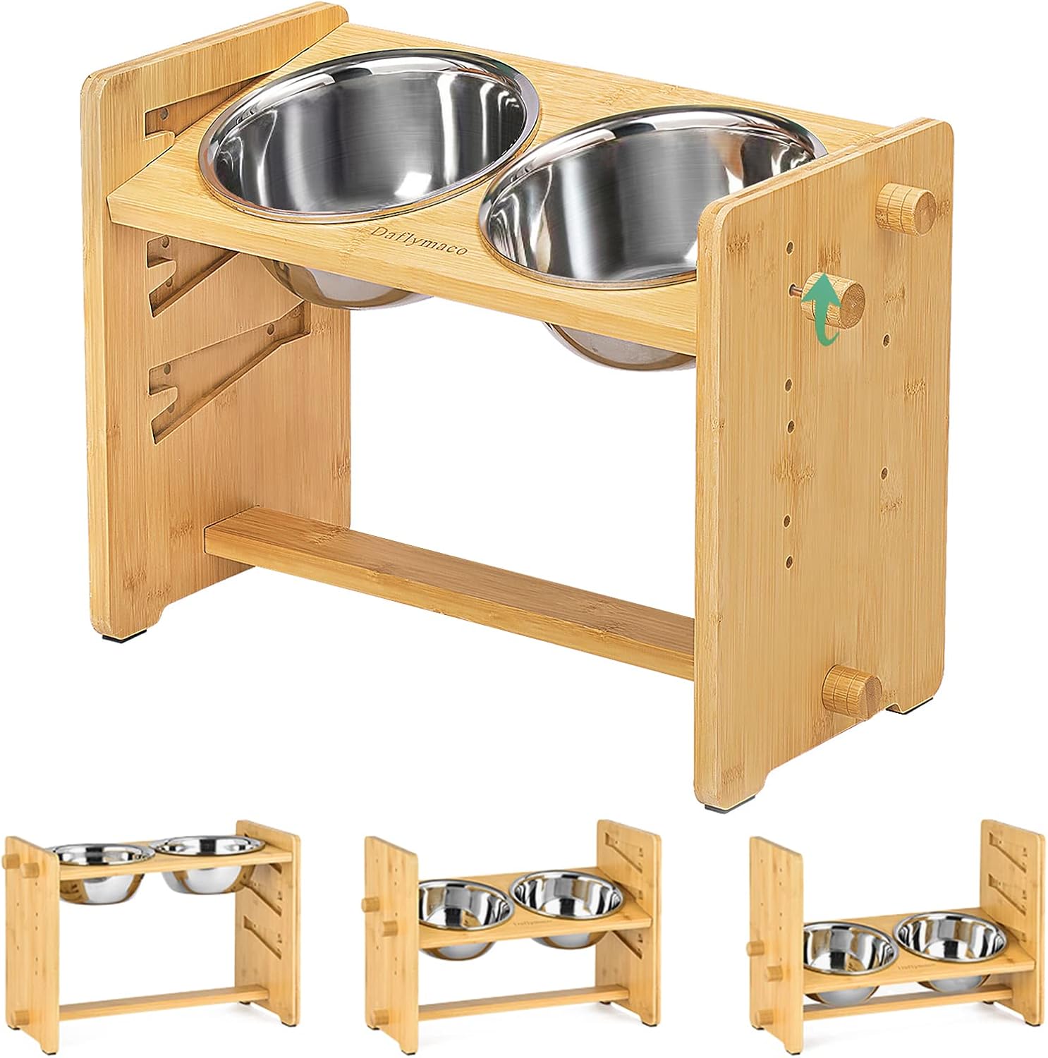 Daflymaco Elevated Dog Bowls for Large & Medium Dogs, Raised Dog Food Bowl with 6 Adjustable Height & Tilted Angle, Sturdy Wooden Dog Bowl Stand with 2 Deep Stainless Steel Bowls & Anti-Slip Feet