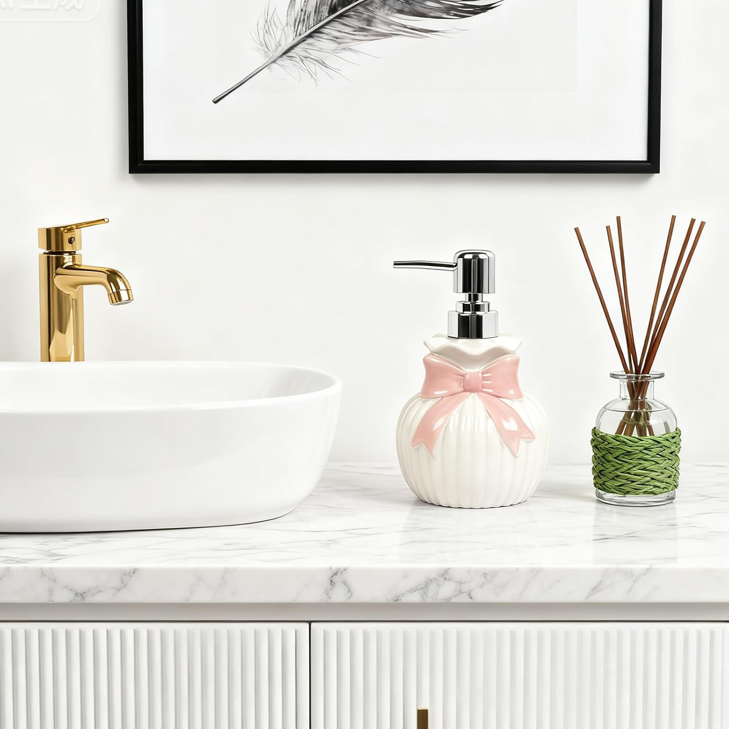 10Oz Ceramic Pump Bottle with Bow - Refillable Soap Dispenser for Hand Soap, Lotion, Shampoo or Body Wash, Cute Soap Holder Kitchen & Bathroom Decor, Countertop Accessories Gift - Image 8