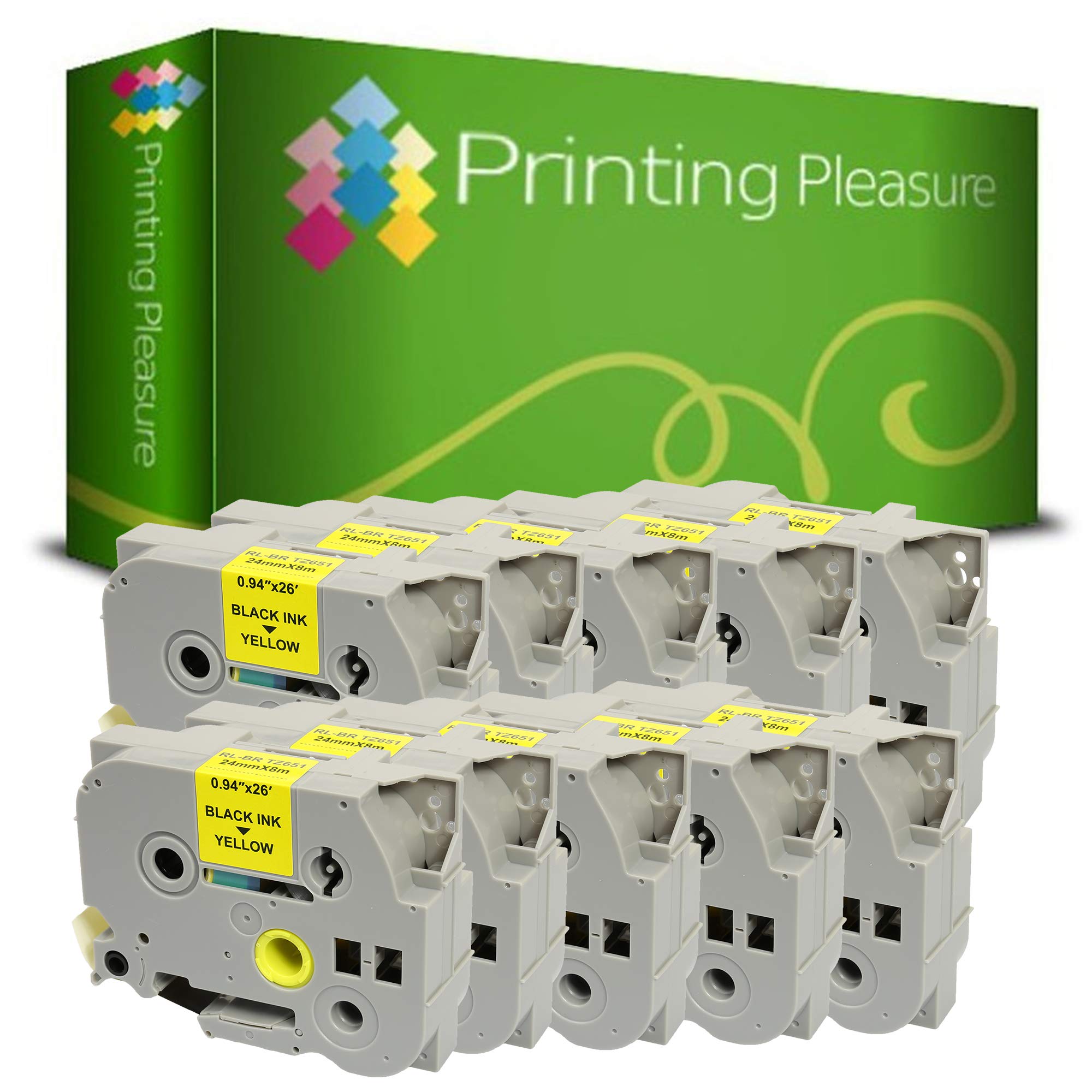 Printing Pleasure 10 x TZe-651 TZ-651 Black on Yellow Label Tapes compatible with P-Touch Label Printing Machines | 24mm x 8m