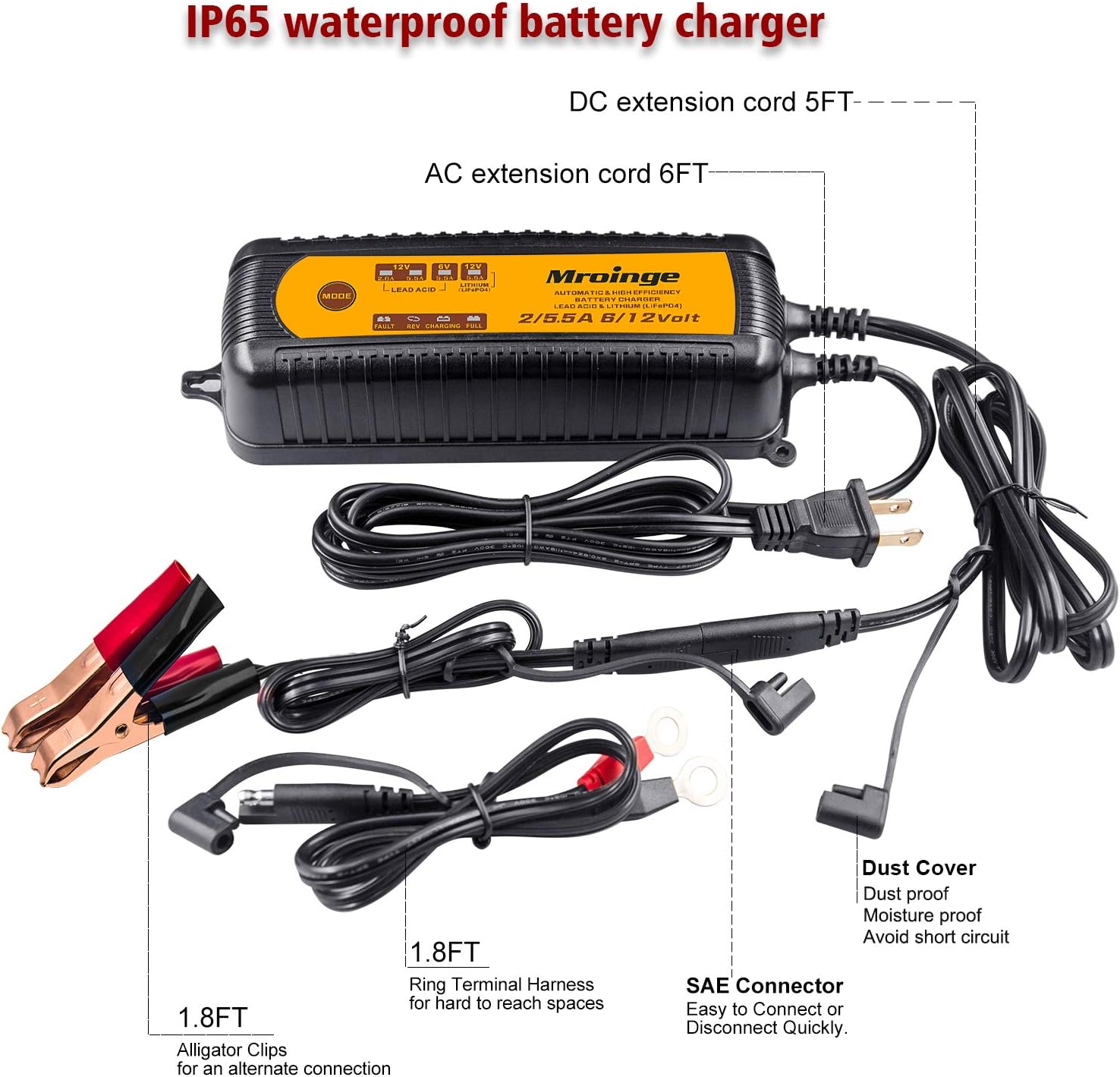 Car Battery Charger, 12V/6V 5.5A Smart Vehicle Battery Charger Maintainer for Cars Motorcycles RVs TVs Boat for Lead Acid Gel AGM Sealed Wet or 12V-Lithium(LiFePO4) Batteries, with IP65 Waterproof