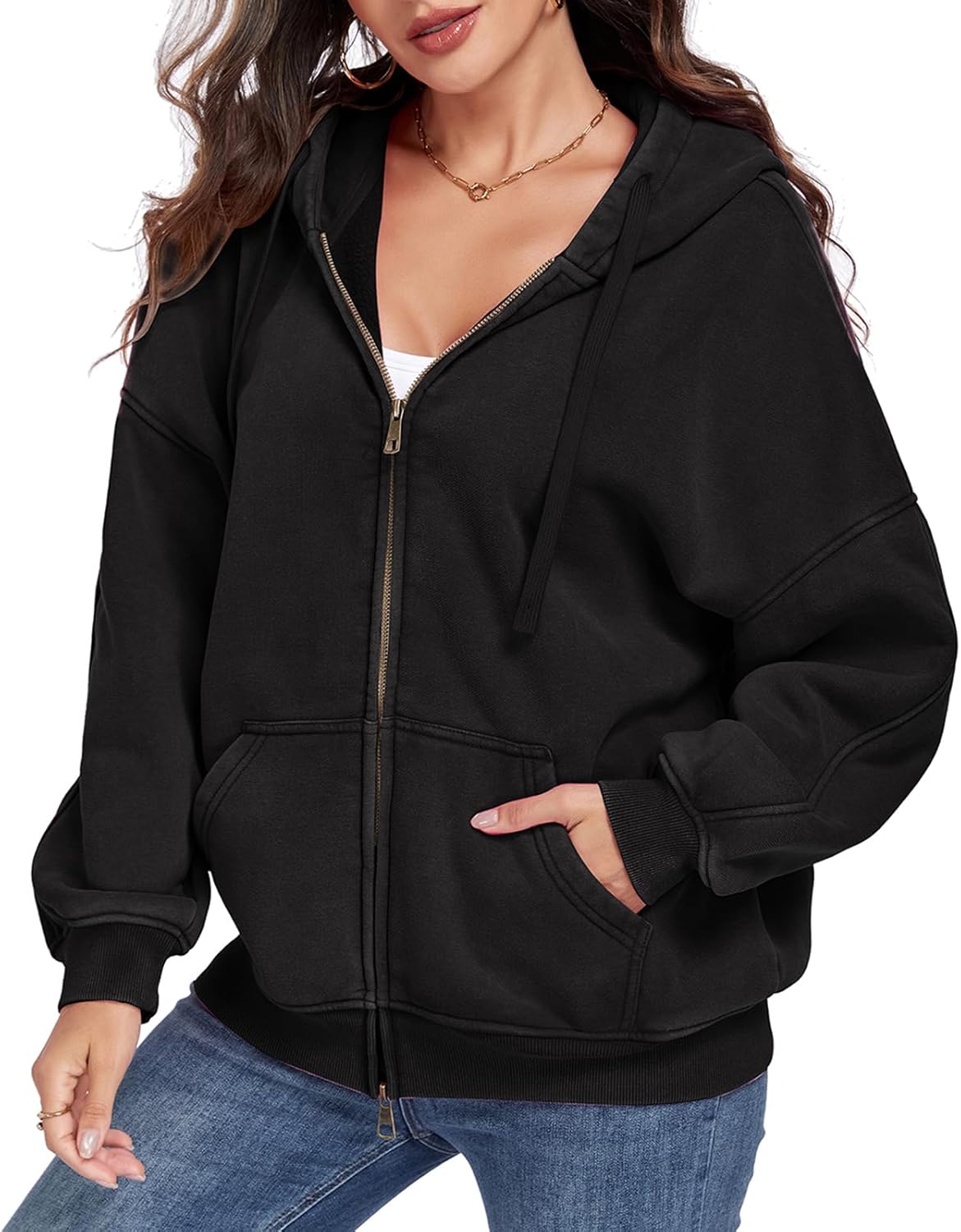 WOWULOVELY Womens and Mens Zip Up Hoodies Acid Wash Long Sleeve Oversized Sweatshirts Distressed Fleece Jacket with Pockets - Image 2