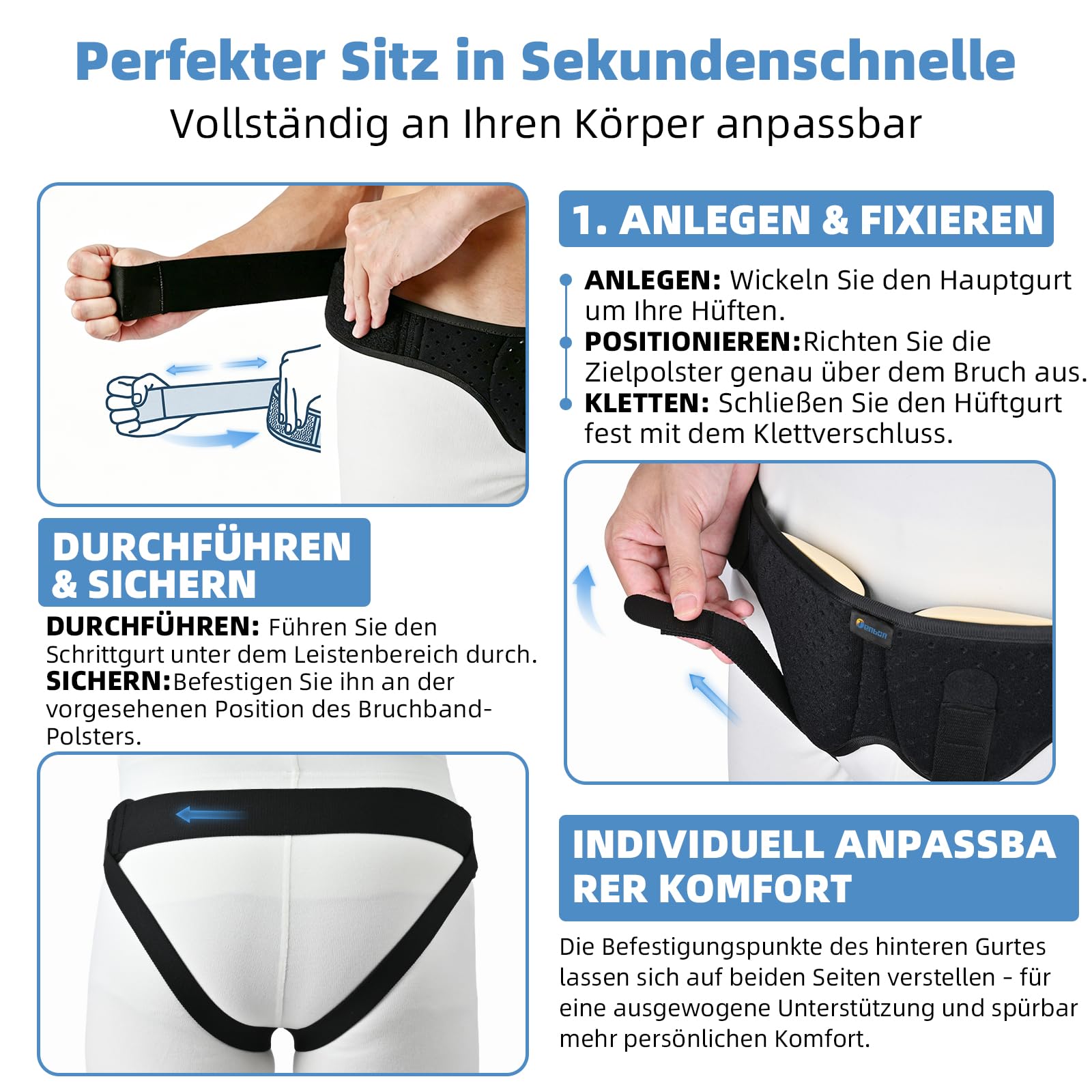 Tenbon Leistenbruchgürtel Für Männer Und Frauen Flexibel Einstellbarer Leistenbruch Gürtel Leistenbruch Stütz Schmerzlinderung mit 2 abnehmbaren Kompressionspolster Leistenbruch Links, Hernie (M)