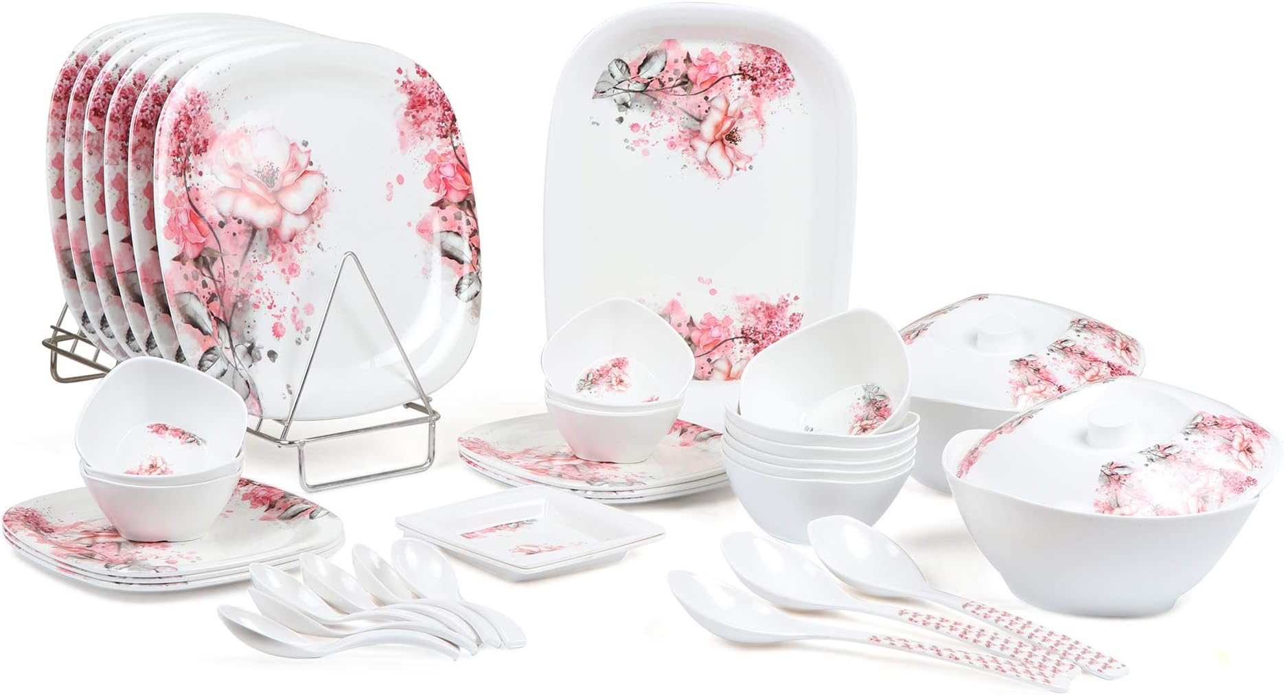 Golden Fish White Base Rose Printed Melamine Dinning/Dinner Set (40 Pieces Dinnner Set)