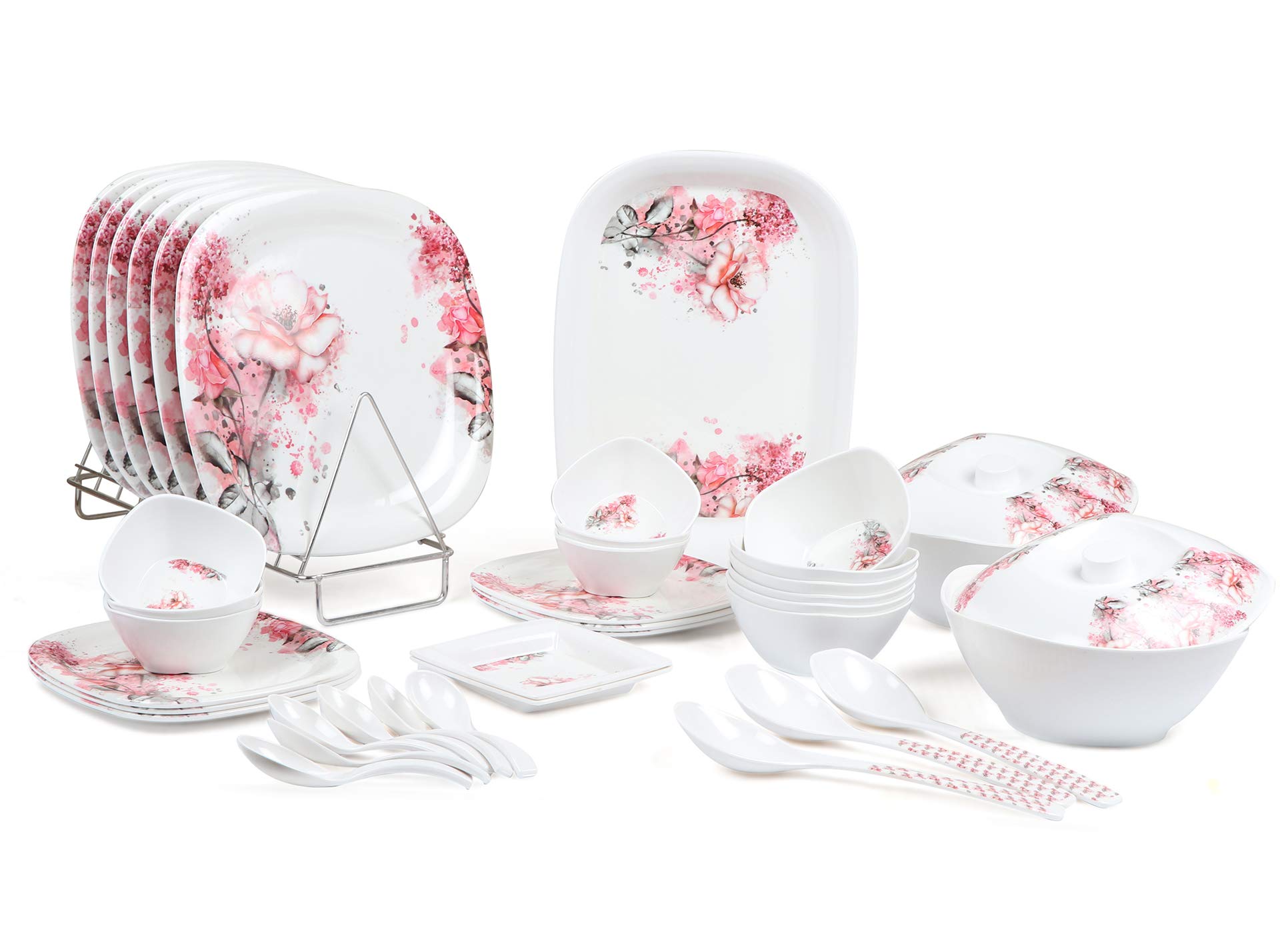 Golden Fish White Base Rose Printed Melamine Dinning/Dinner Set (40 Pieces Dinnner Set)