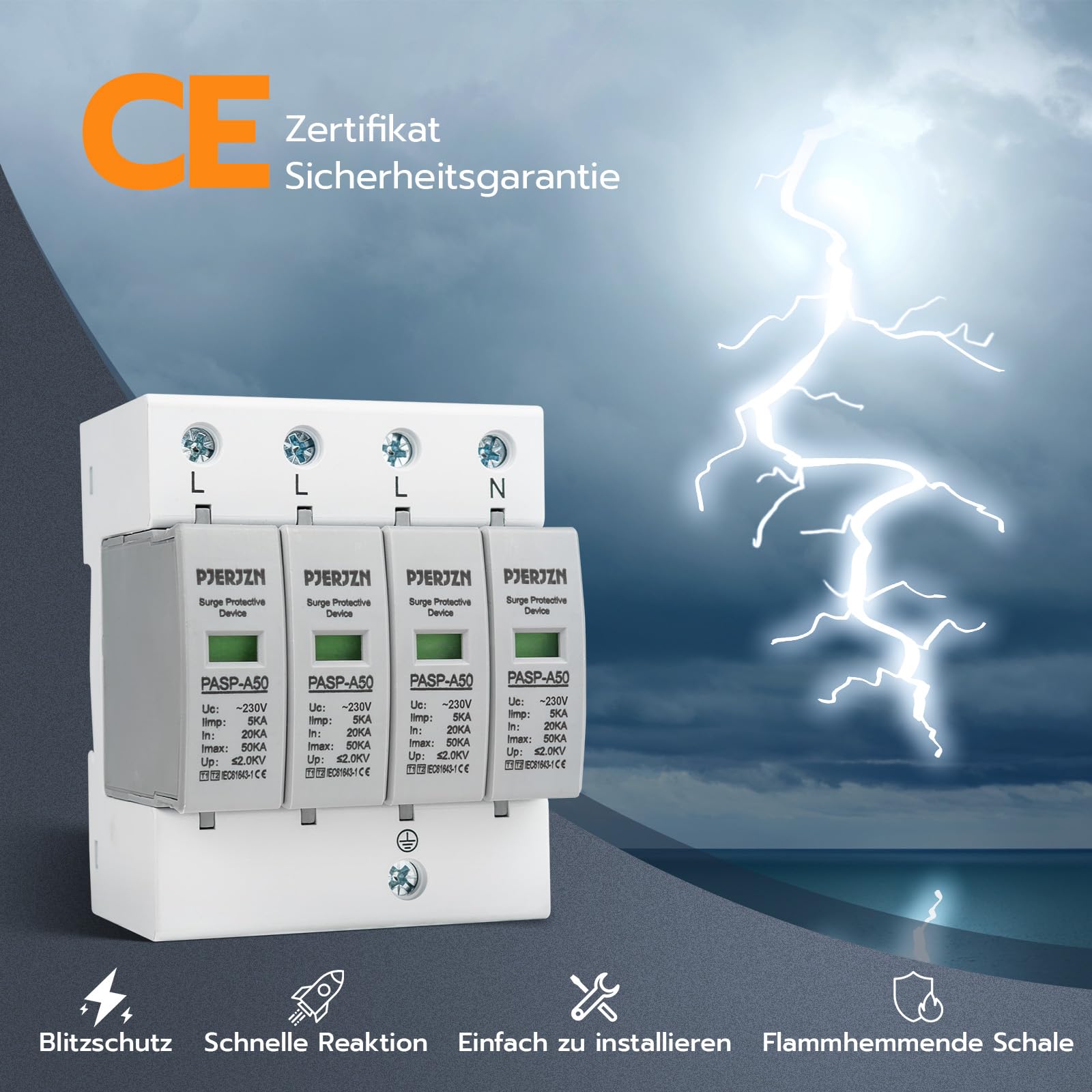 Überspannungsschutz & Überspannungsableiter 230V/275V Typ 1+2 (20-50kA 4P) – Blitzschutz für Haushalt, Solaranlagen und Industrie (4P 230V)
