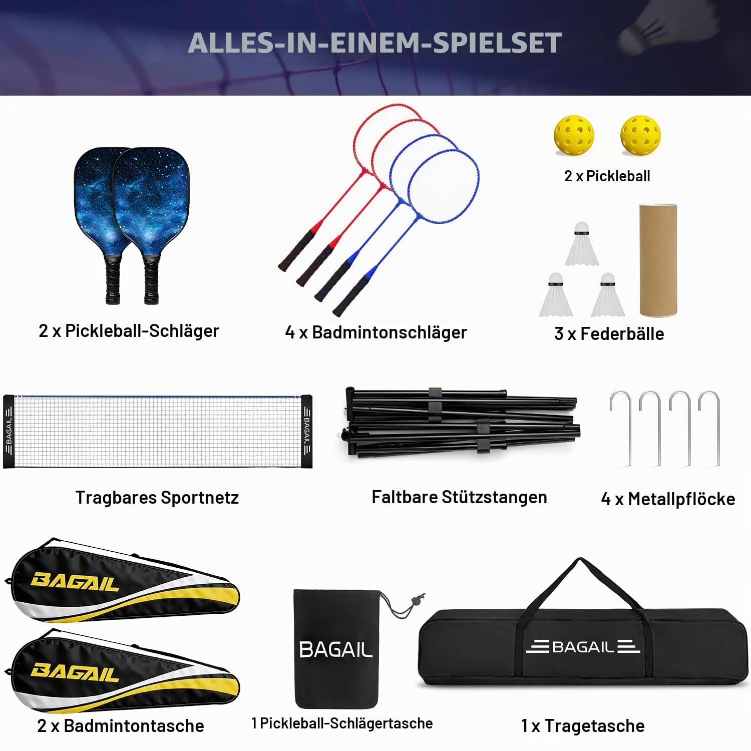 BAGAIL Sportnetz mit Pickleball- und Badminton-Sets, 3m | höhenverstellbares Netzsystem, tragbare Transporttasche, Aufbau ohne Werkzeug, ideal für Volleyball, Pickleball und Tennis