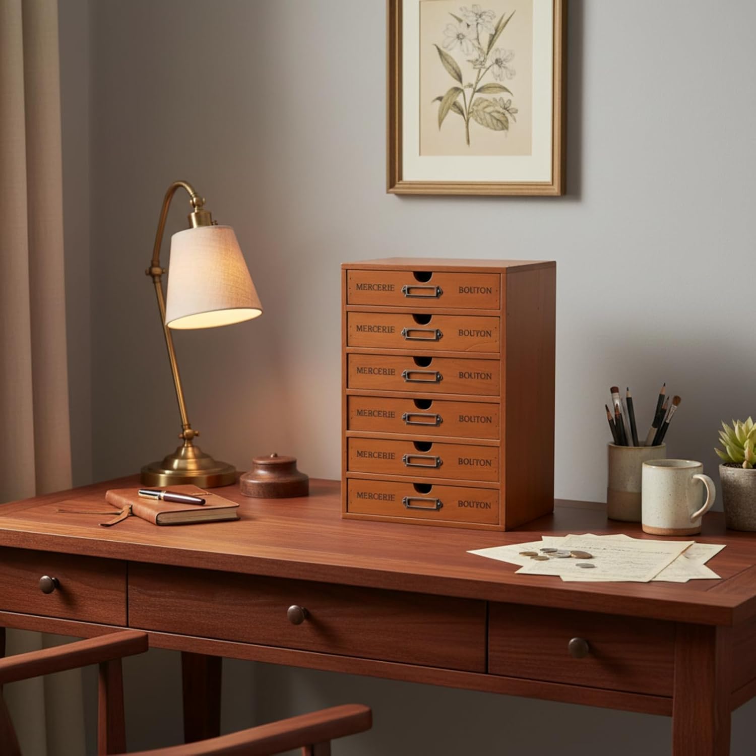 Wesiti 6 Drawer Vintage Wooden Desk Organizer, Apothecary Cabinet Storage Drawers, Rustic Shelf Drawer, Home Office Organizers and Accessories, Embroidery Floss, Craft, Art, Jewelry Storage, Stackable