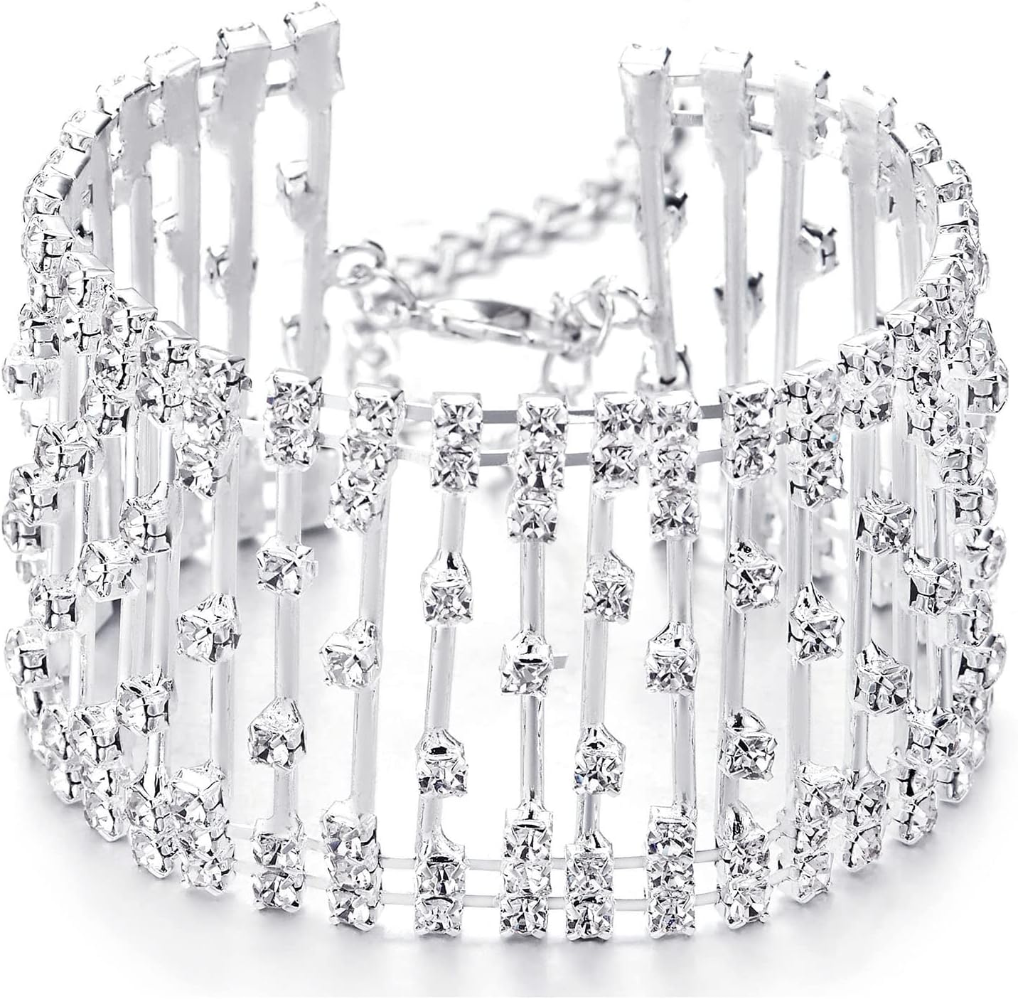 COOLSTEELANDBEYOND Sparkling Line of Rhinestones Pave Cluster Wide Bangle Bracelet