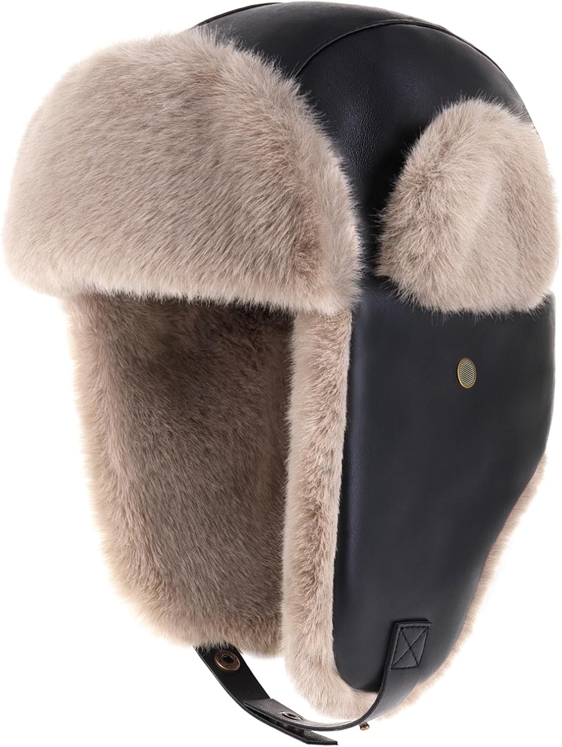 PU Leather Trapper Hat with Faux Fur Lining Warm Aviator Hat - Durable Stylish Winter Headwear for Skiing Hunting