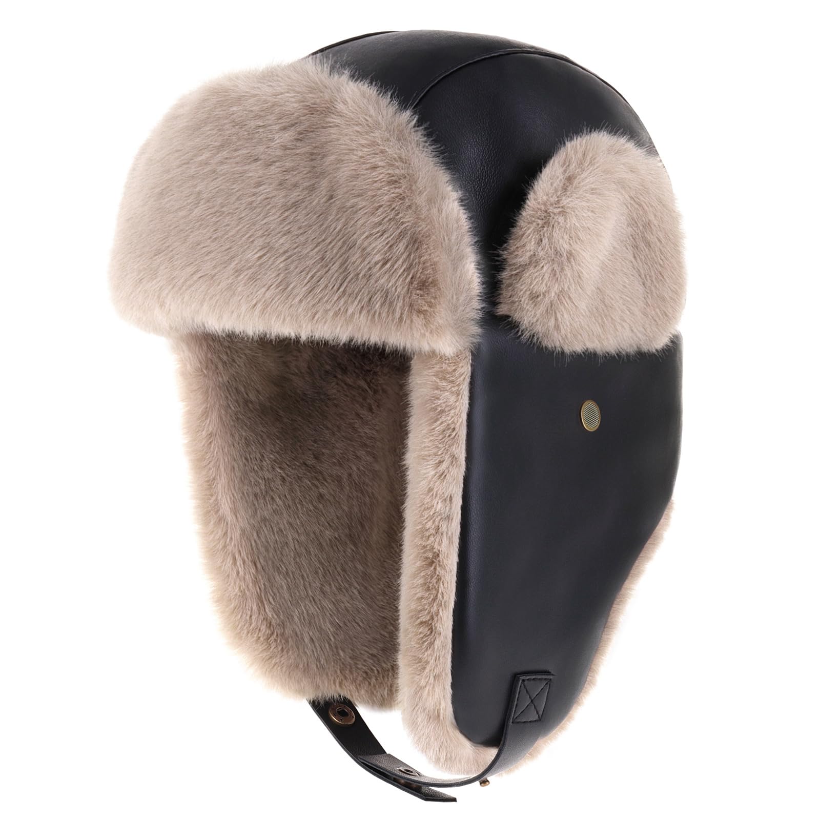 PU Leather Trapper Hat with Faux Fur Lining Warm Aviator Hat - Durable Stylish Winter Headwear for Skiing Hunting