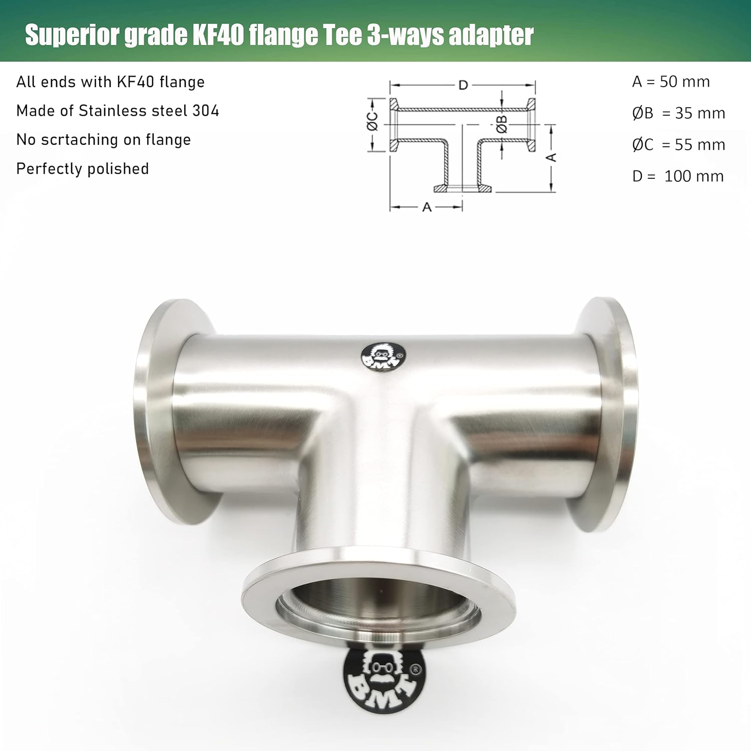 bmotiontech Superior Grade - KF40 Tee 3-Ways Vacuum Adapter, All Ends with KF-40 (NW40) Flange, Made of Stainless Steel 304, Finely Polished