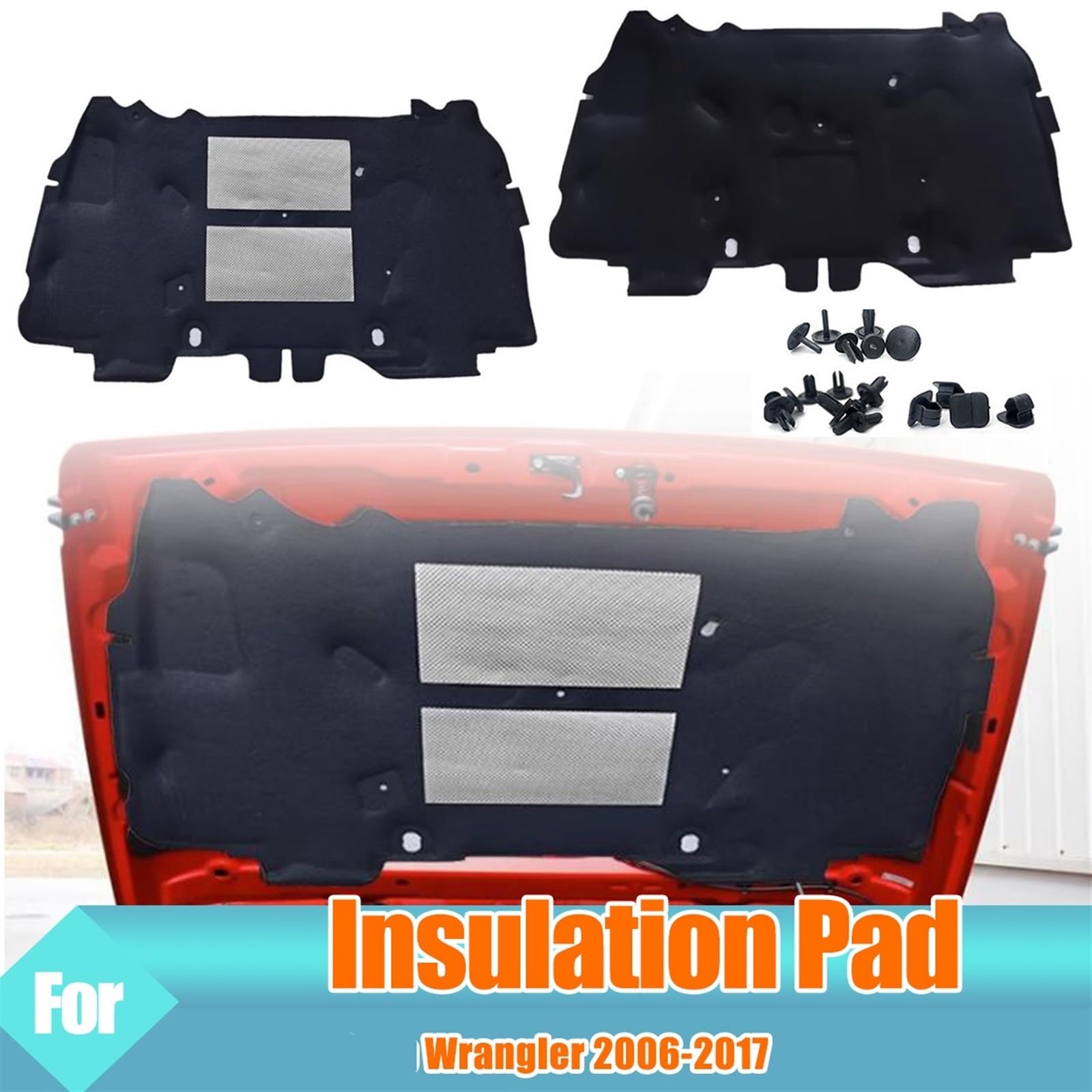 Cuscinetto isolante for cofano motore anteriore Calore acustico Tappetino fonoassorbente in cotone Schiuma ignifuga, for Jeep, Wrangler 2006-2017 Tappetino fonoassorbente(Double aluminum)