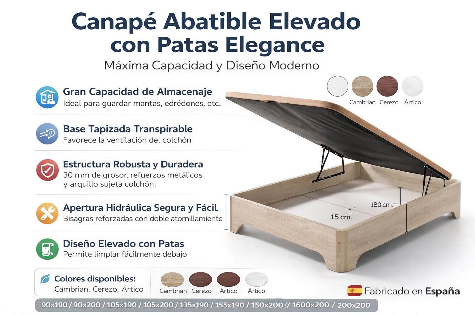 Matris - Canapé Abatible Elevado con Patas Elegance, Arcón Gran Capacidad, Base Transpirable 3D, Apertura Hidráulica, Estructura Reforzada, Varios Tamaños y Colores - con Montaje