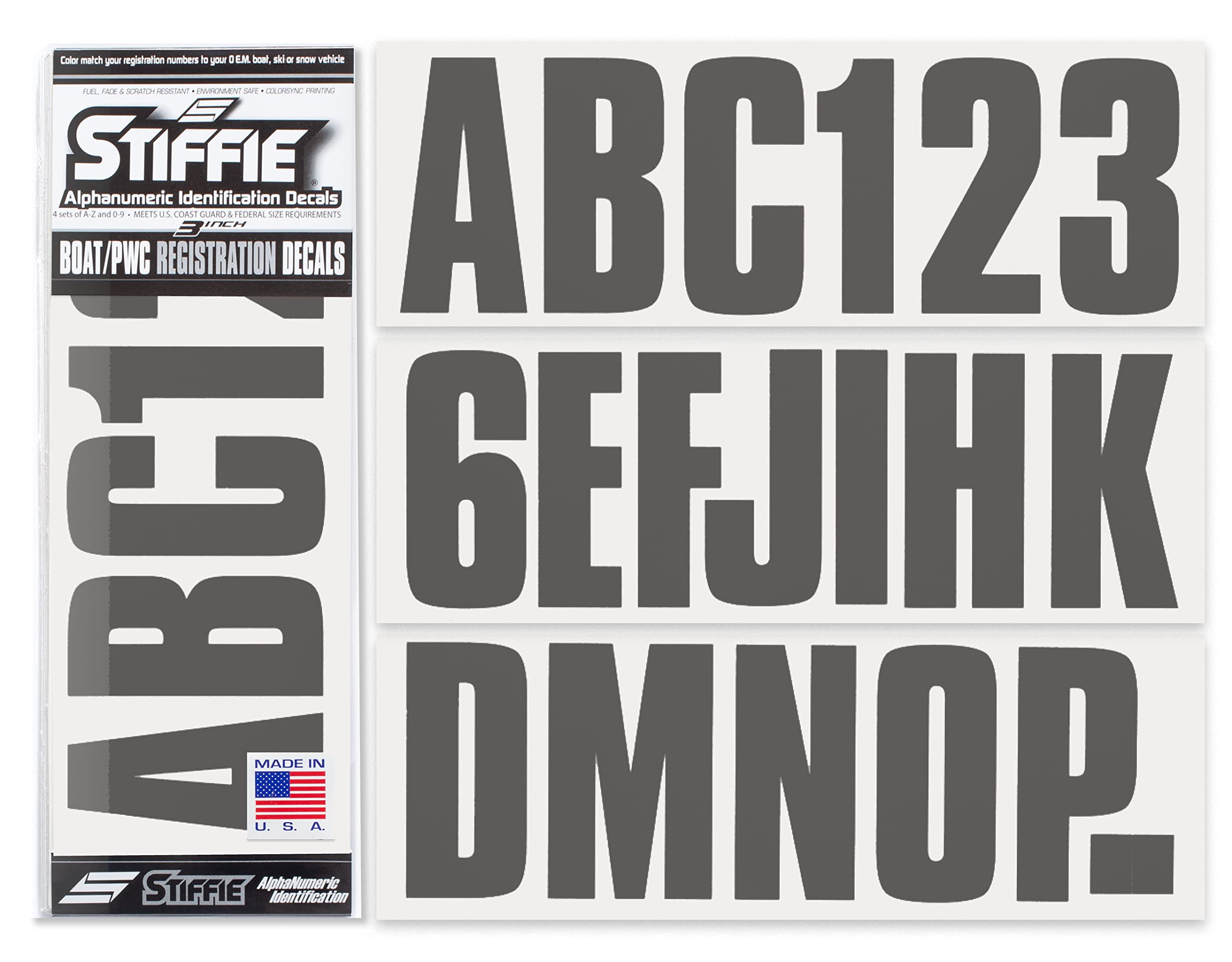 Stiffie UNILINE 3" Alpha-Numeric Registration Identification Numbers Stickers Decals for Boats &amp; Personal Watercraft (Gunmetal)